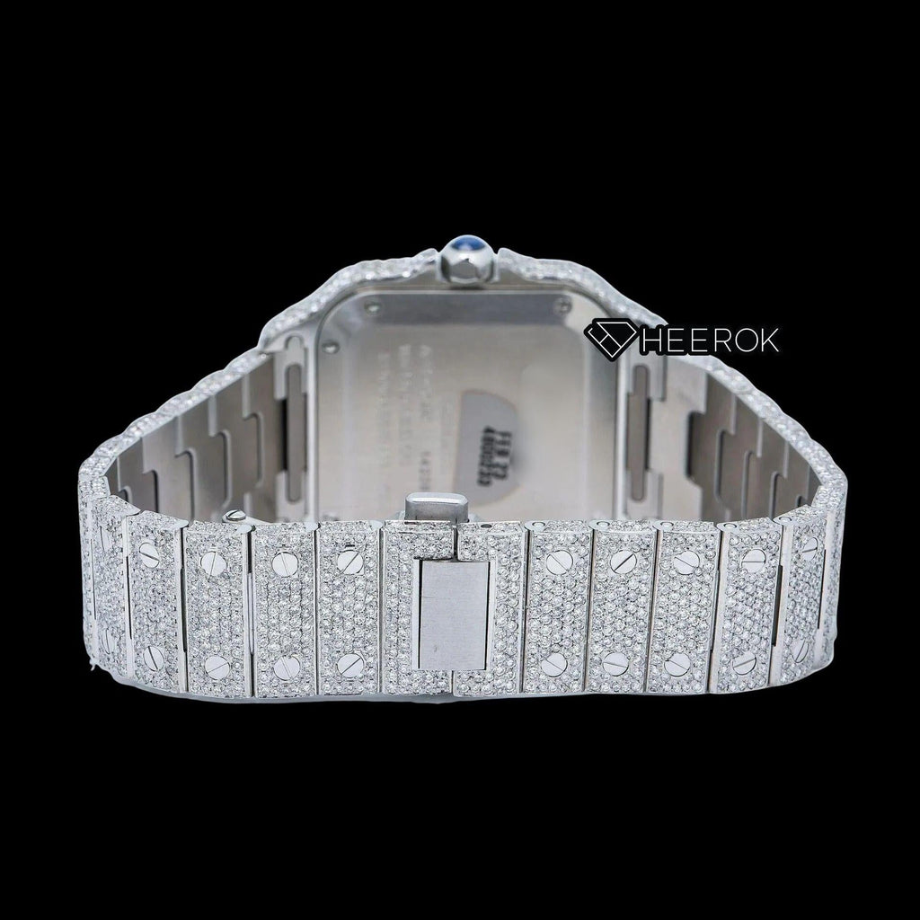 Cartier Santos Rose Gold Diamond Pave Dial Roman Numerals Large Round Diamond Bezel Fully Iced Moissanite Diamond Watch For Women