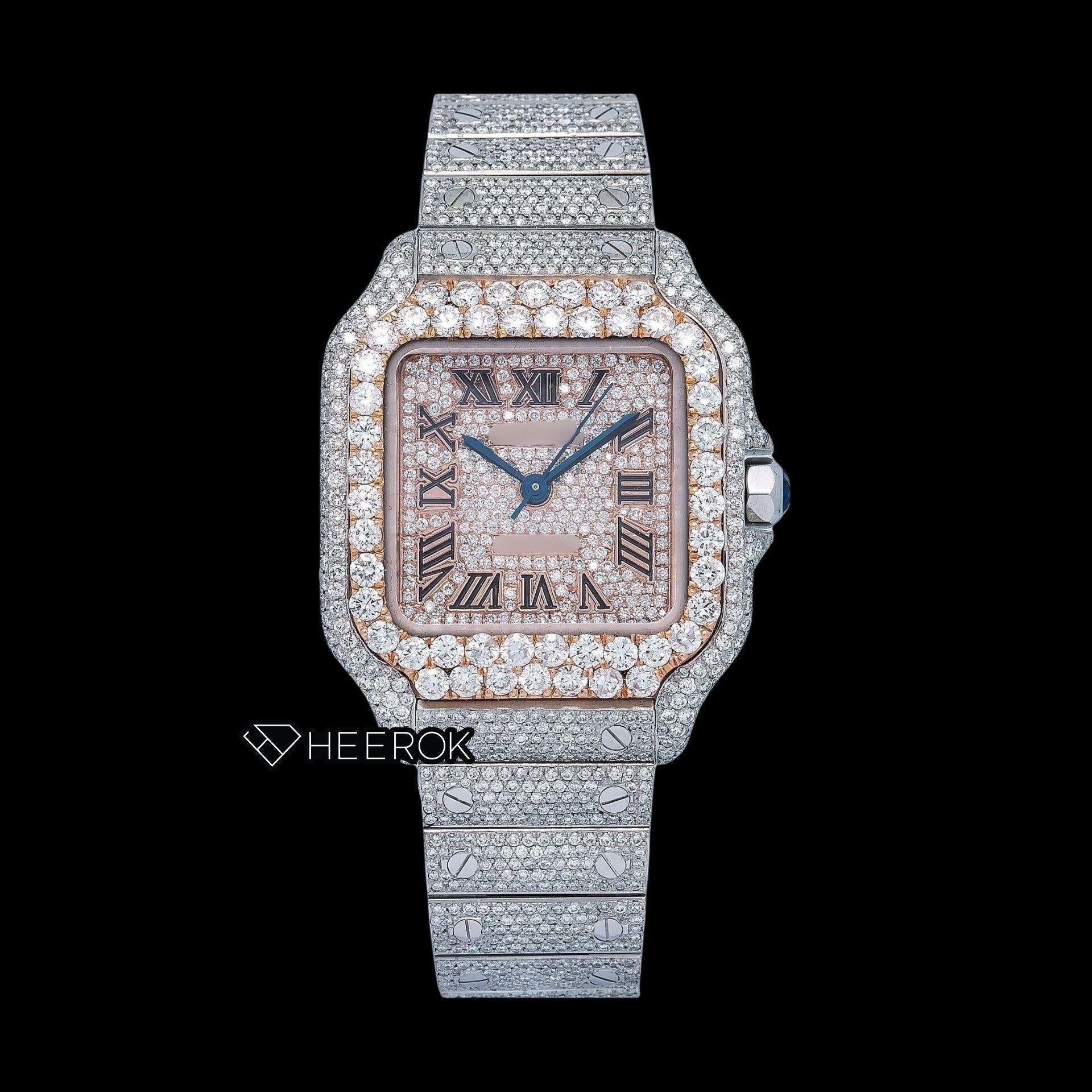 Cartier Santos Rose Gold Diamond Pave Dial Roman Numerals Large Round Diamond Bezel Fully Iced Moissanite Diamond Watch For Women