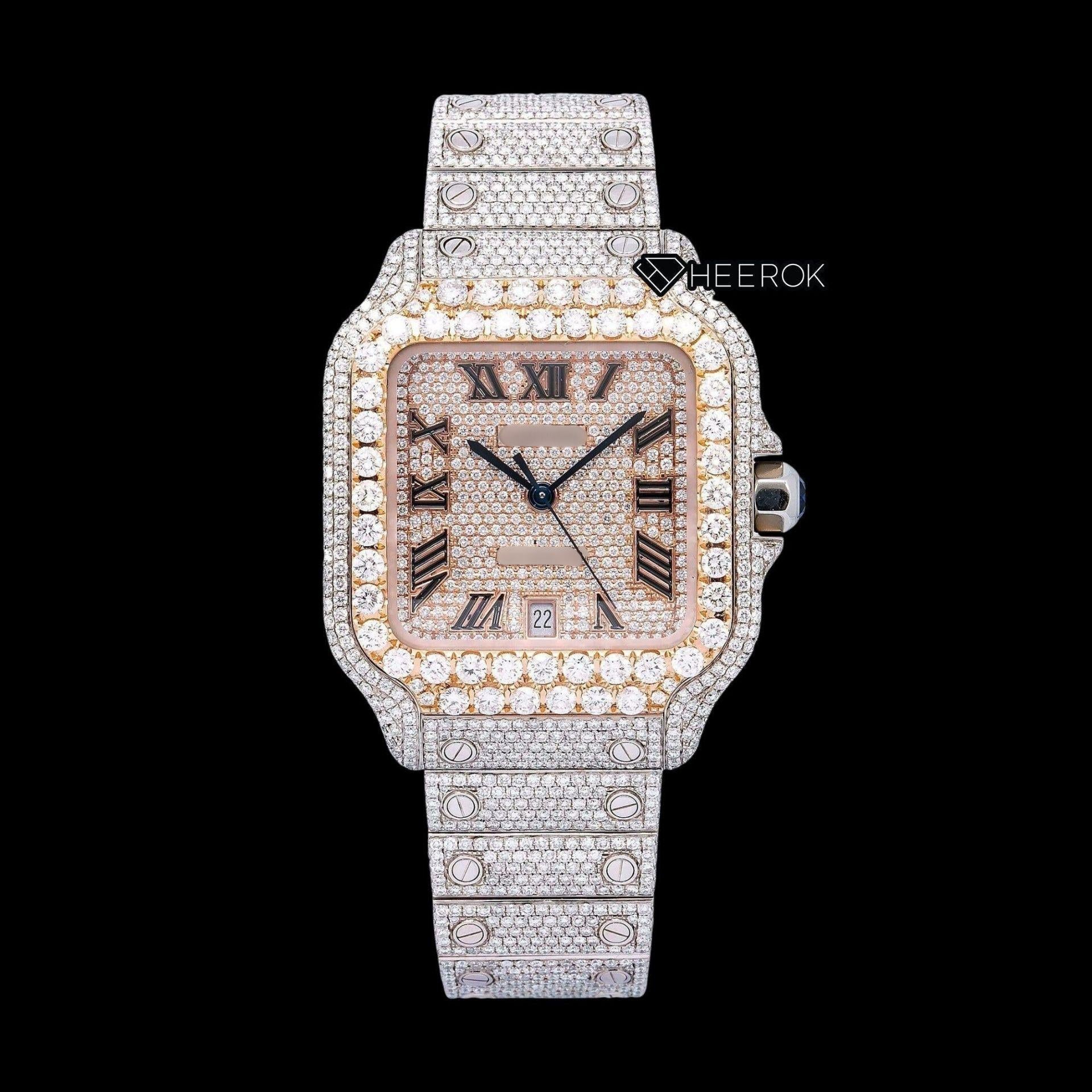 Cartier Santos Rose Gold Full Pave Dial Roman Numerals Diamond Bezel Fully Iced Moissanite Diamond Watch