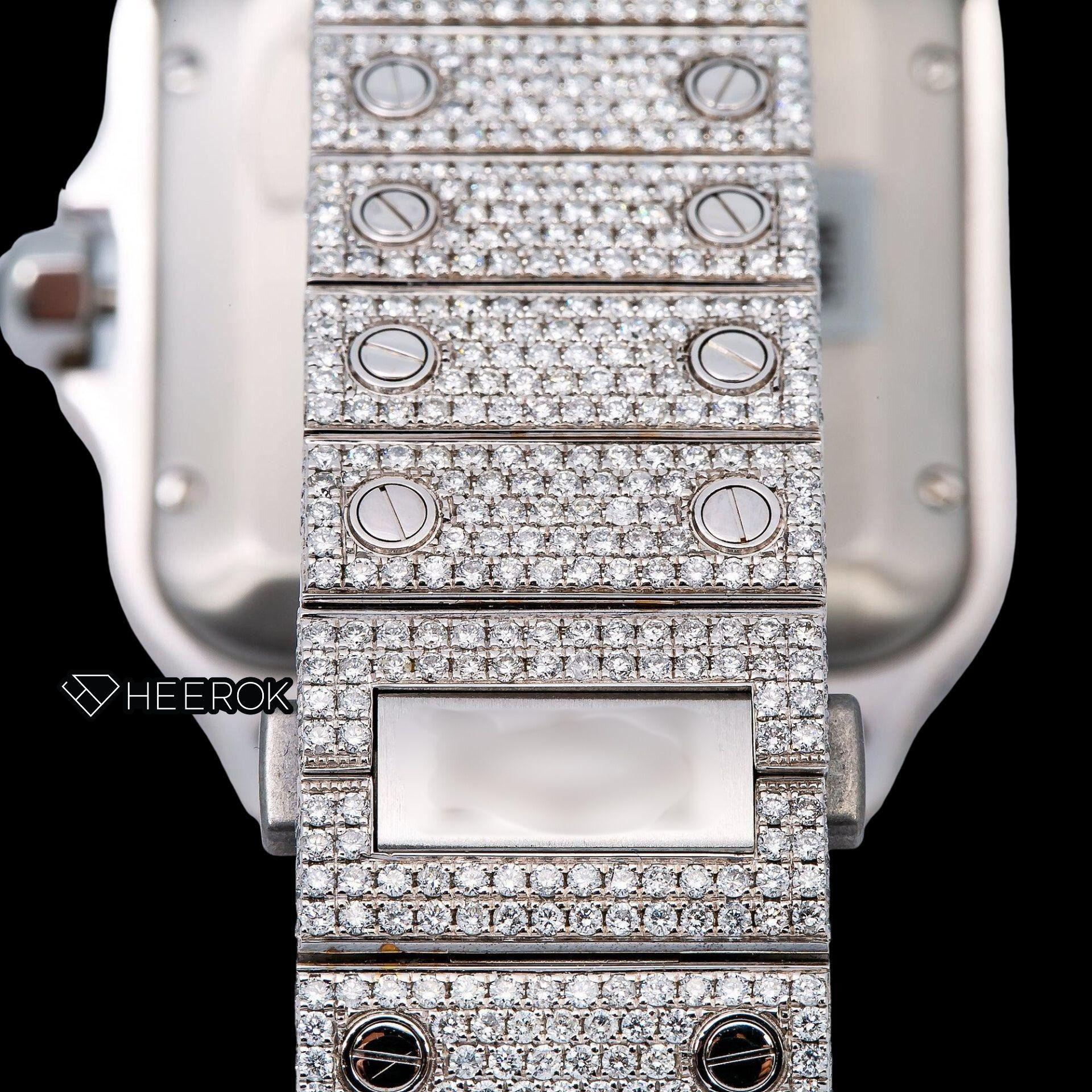 Cartier Santos White Dial Black Roman Numerals Diamond Bezel Fully Iced Moissanite Diamond Watch
