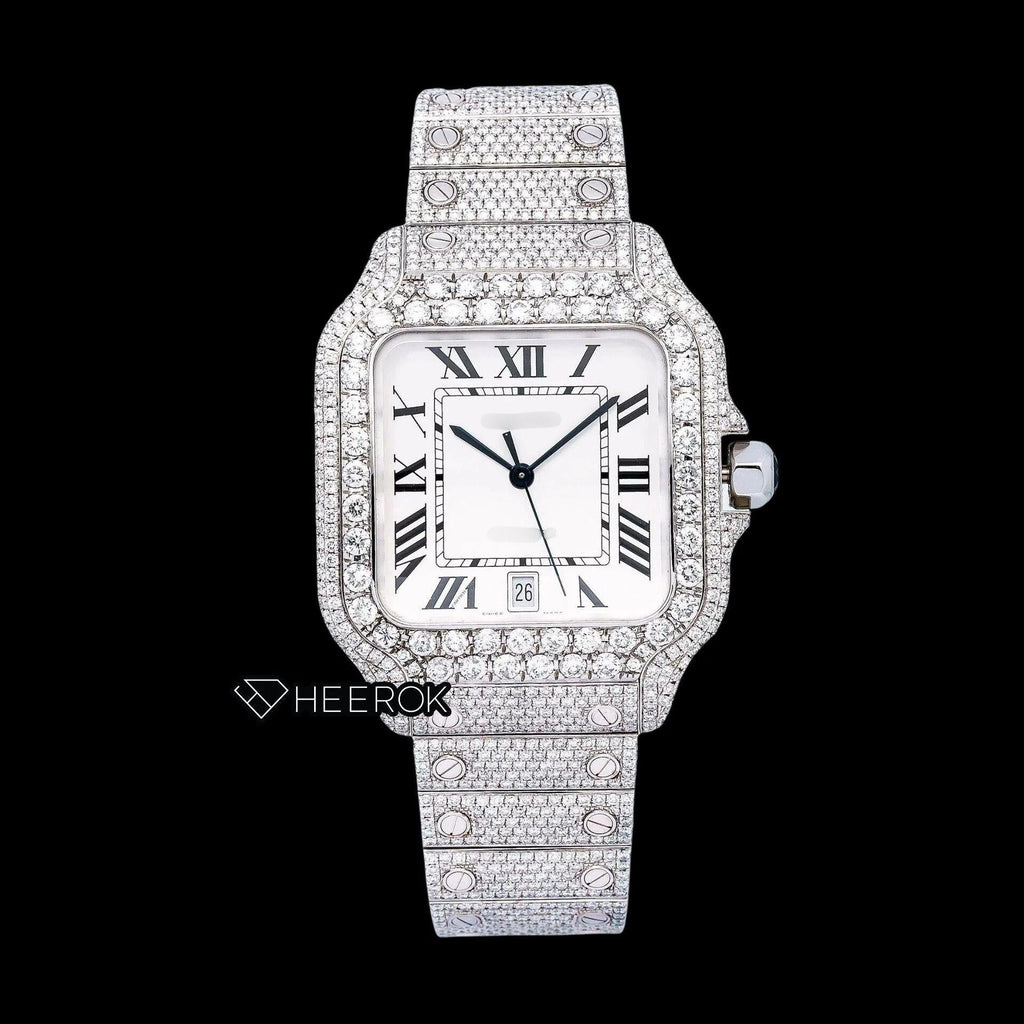 Cartier Santos White Dial Black Roman Numerals Diamond Bezel Fully Iced Moissanite Diamond Watch