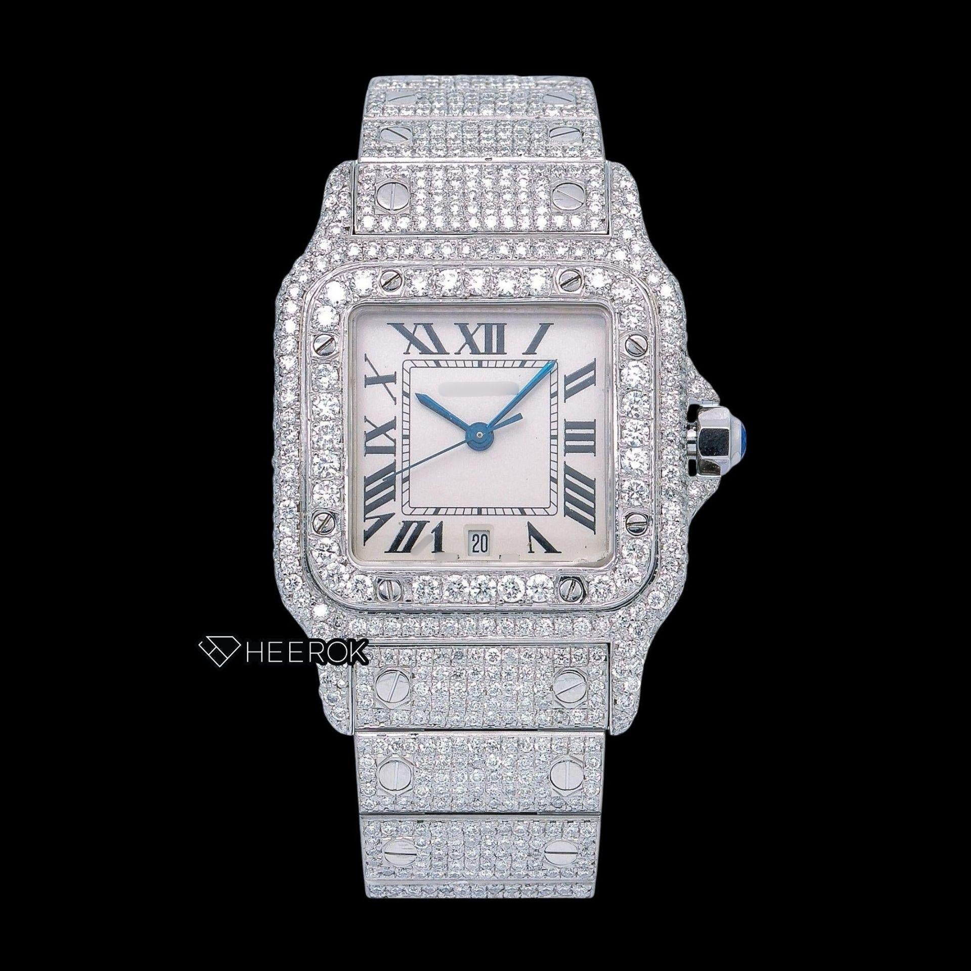 Cartier Santos White Dial Roman Numerals Diamond Bezel Bust Down Moissanite Diamond Watch For Women
