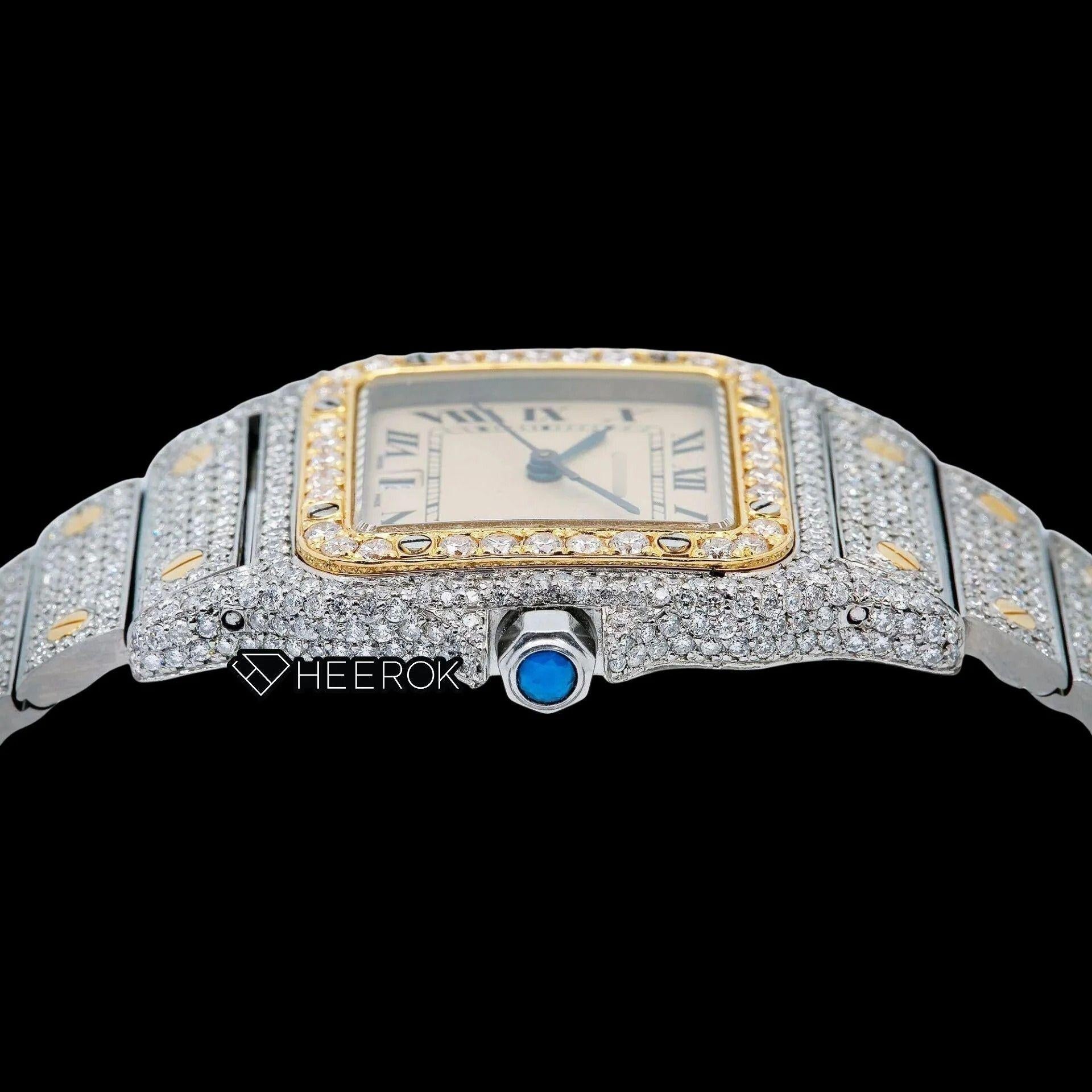 Cartier Santos Yellow Dial Roman Numerals Diamond Bezel Fully Iced Two Tone Moissanite Diamond Watch For Women