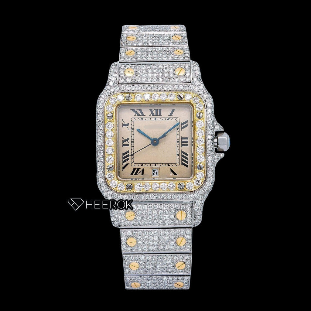 Cartier Santos Yellow Dial Roman Numerals Diamond Bezel Fully Iced Two Tone Moissanite Diamond Watch For Women