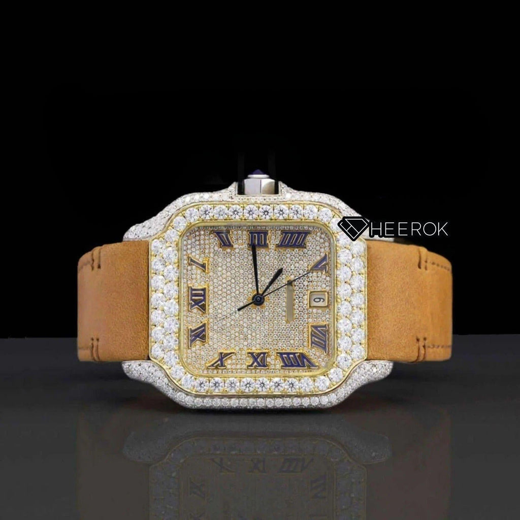 Cartier Santos Yellow Dial Roman Numerals Diamond Bezel Moissanite Diamond Brown Leather Strap