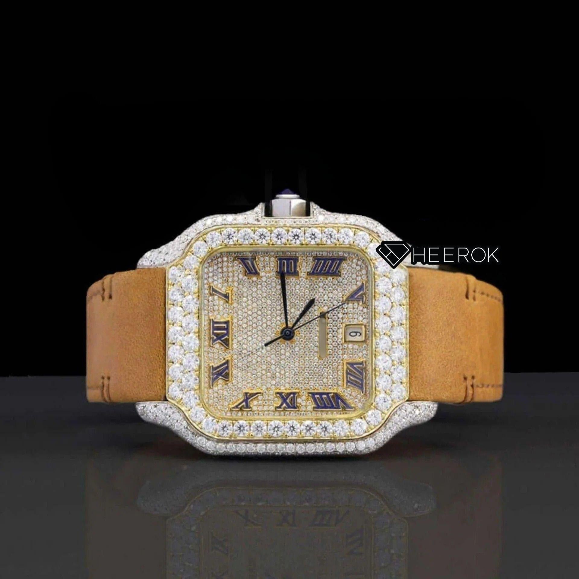 Cartier Santos Yellow Dial Roman Numerals Diamond Bezel Moissanite Diamond Brown Leather Strap