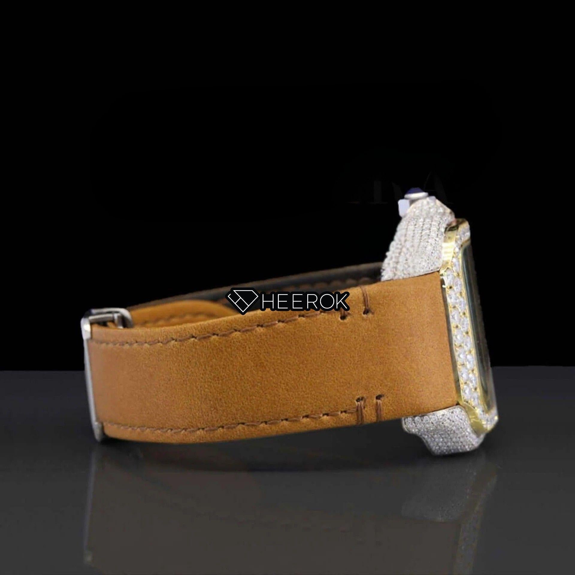 Cartier Santos Yellow Dial Roman Numerals Diamond Bezel Moissanite Diamond Brown Leather Strap