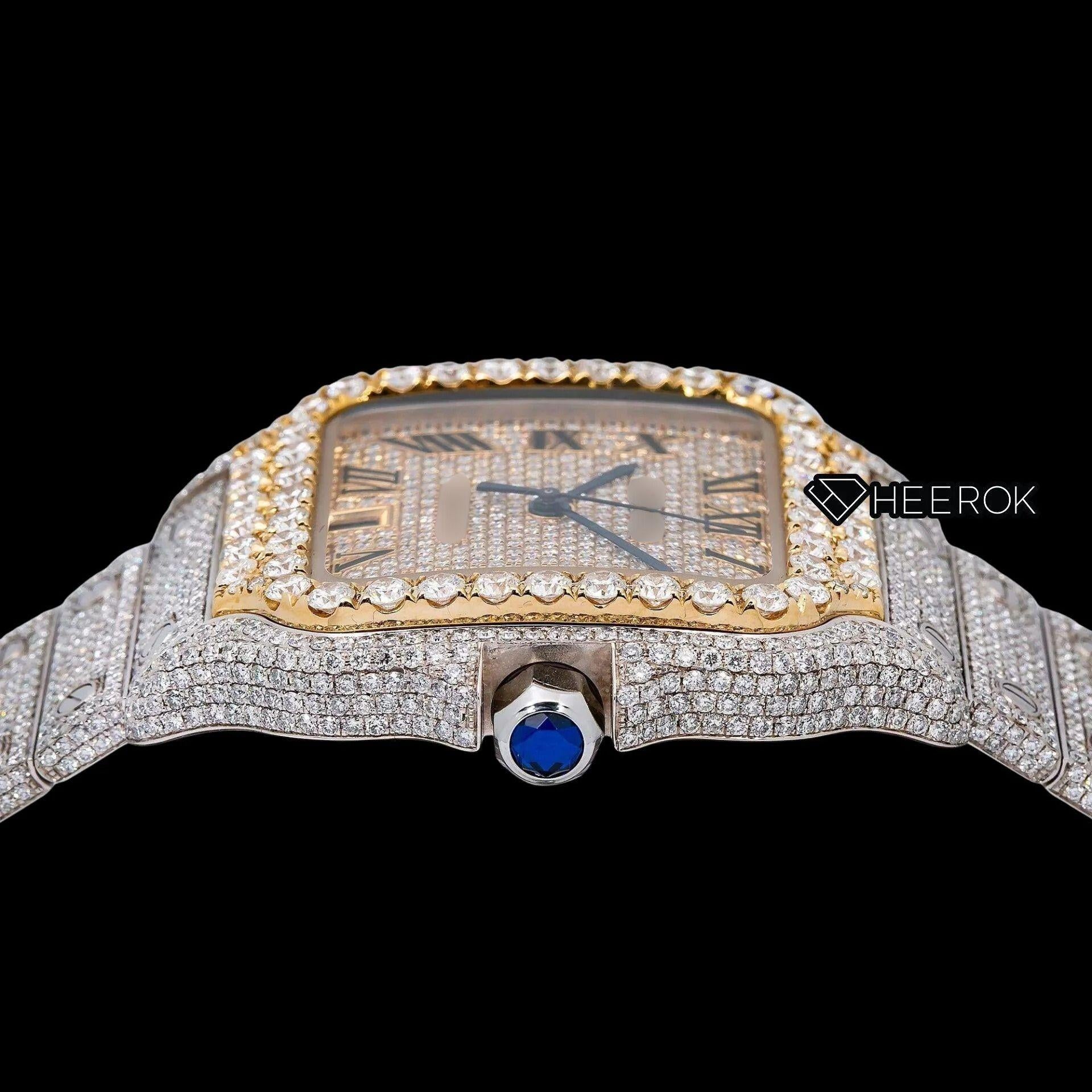 Cartier Santos Yellow Gold Full Pave Dial Roman Numerals Diamond Bezel Fully Iced Moissanite Diamond Watch