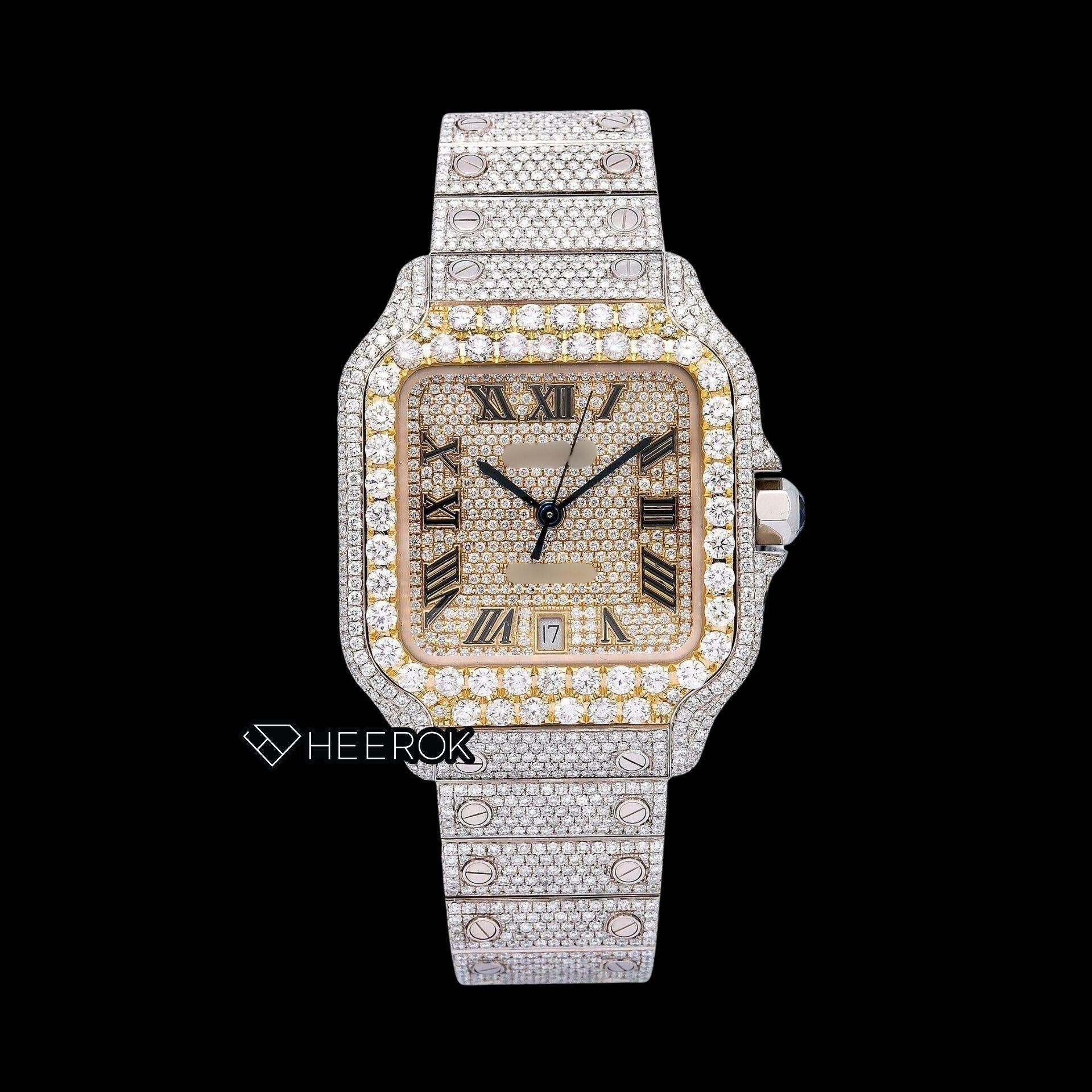Cartier Santos Yellow Gold Full Pave Dial Roman Numerals Diamond Bezel Fully Iced Moissanite Diamond Watch