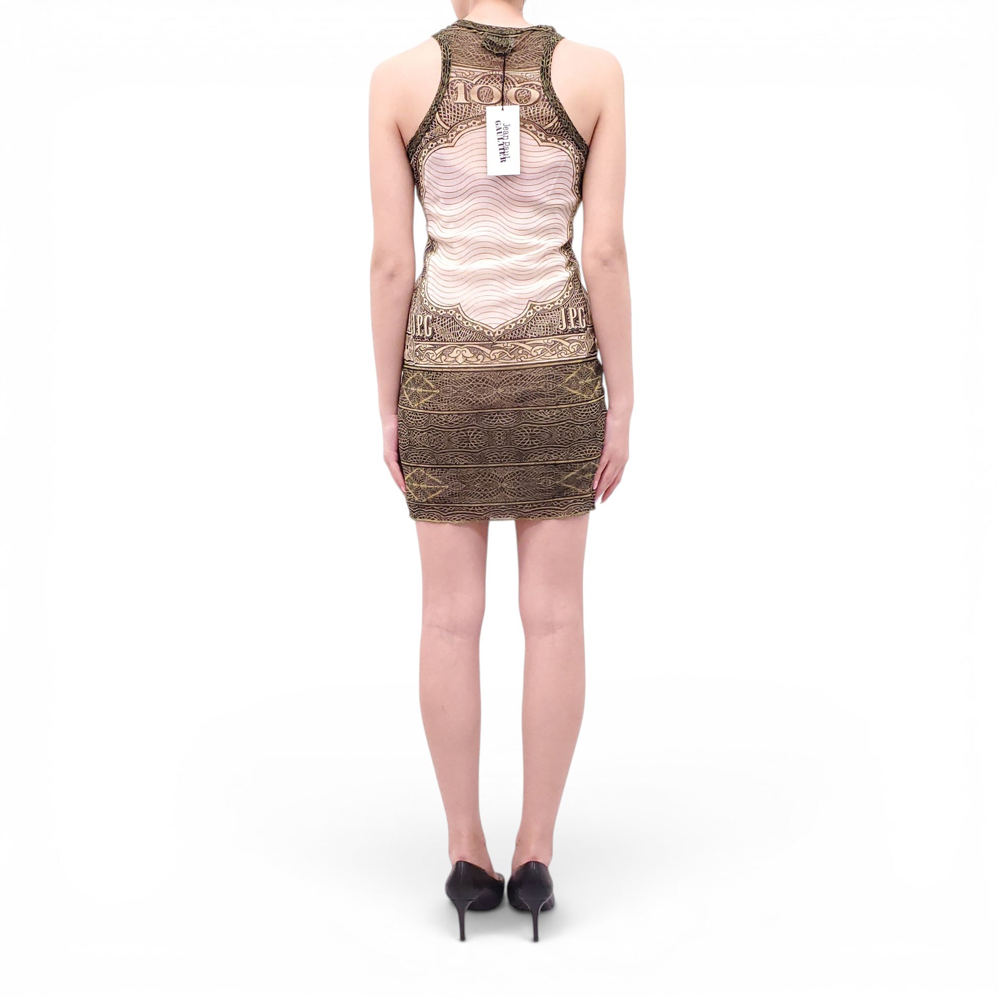 JEAN PAUL GAULTIER GREEN MONEY PRINT MESH DRESS - SIZE XL