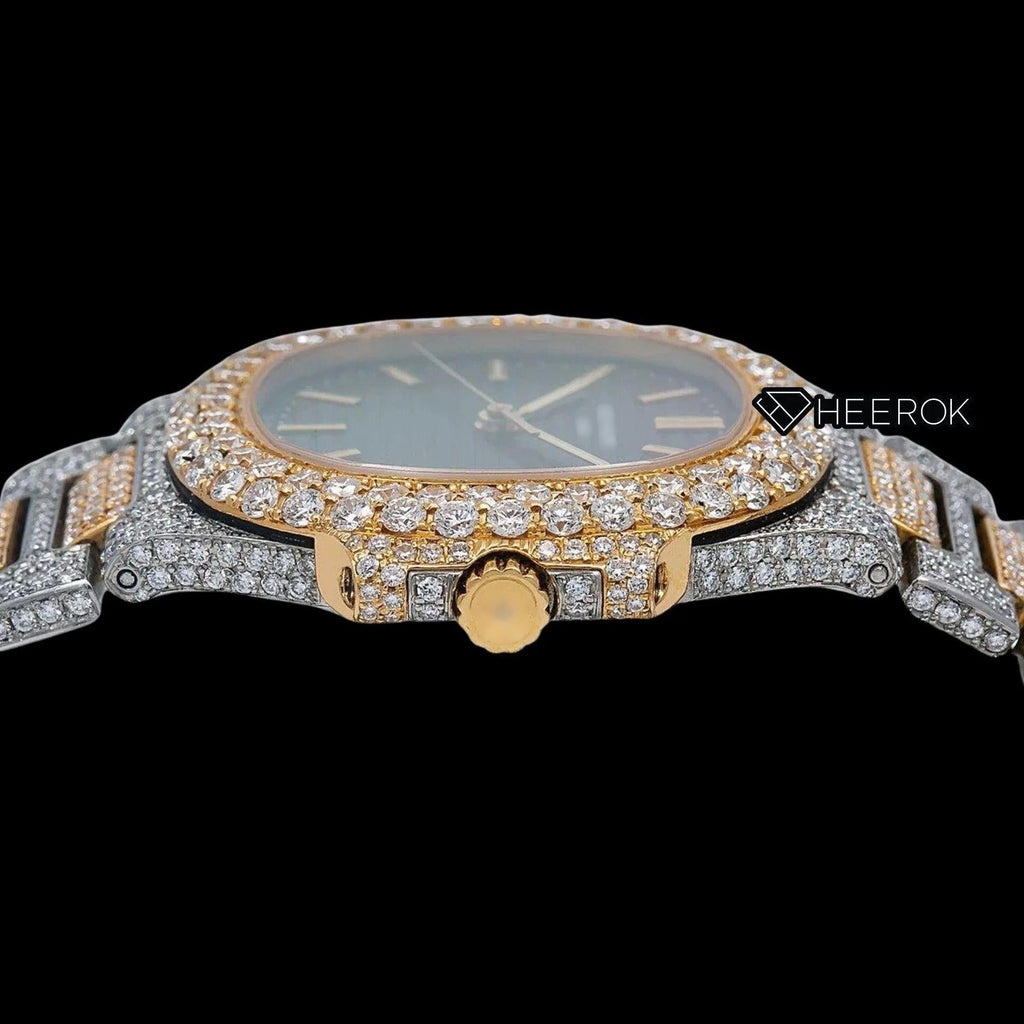 Patek Philippe Nautilus Black Dial Stick Markers Diamond Bezel Two Tone Yellow Gold Moissanite Diamond