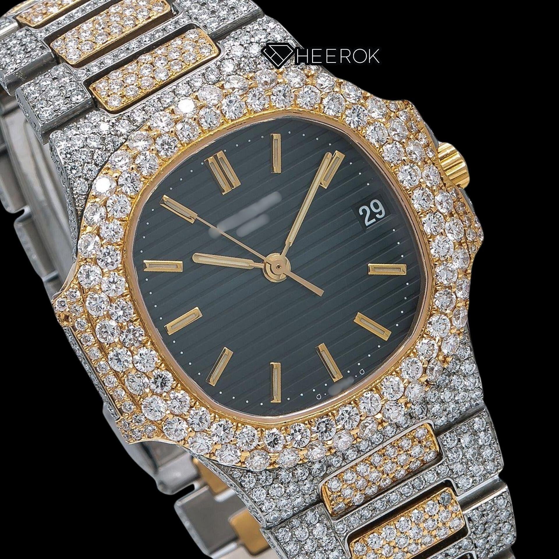 Patek Philippe Nautilus Black Dial Stick Markers Diamond Bezel Two Tone Yellow Gold Moissanite Diamond