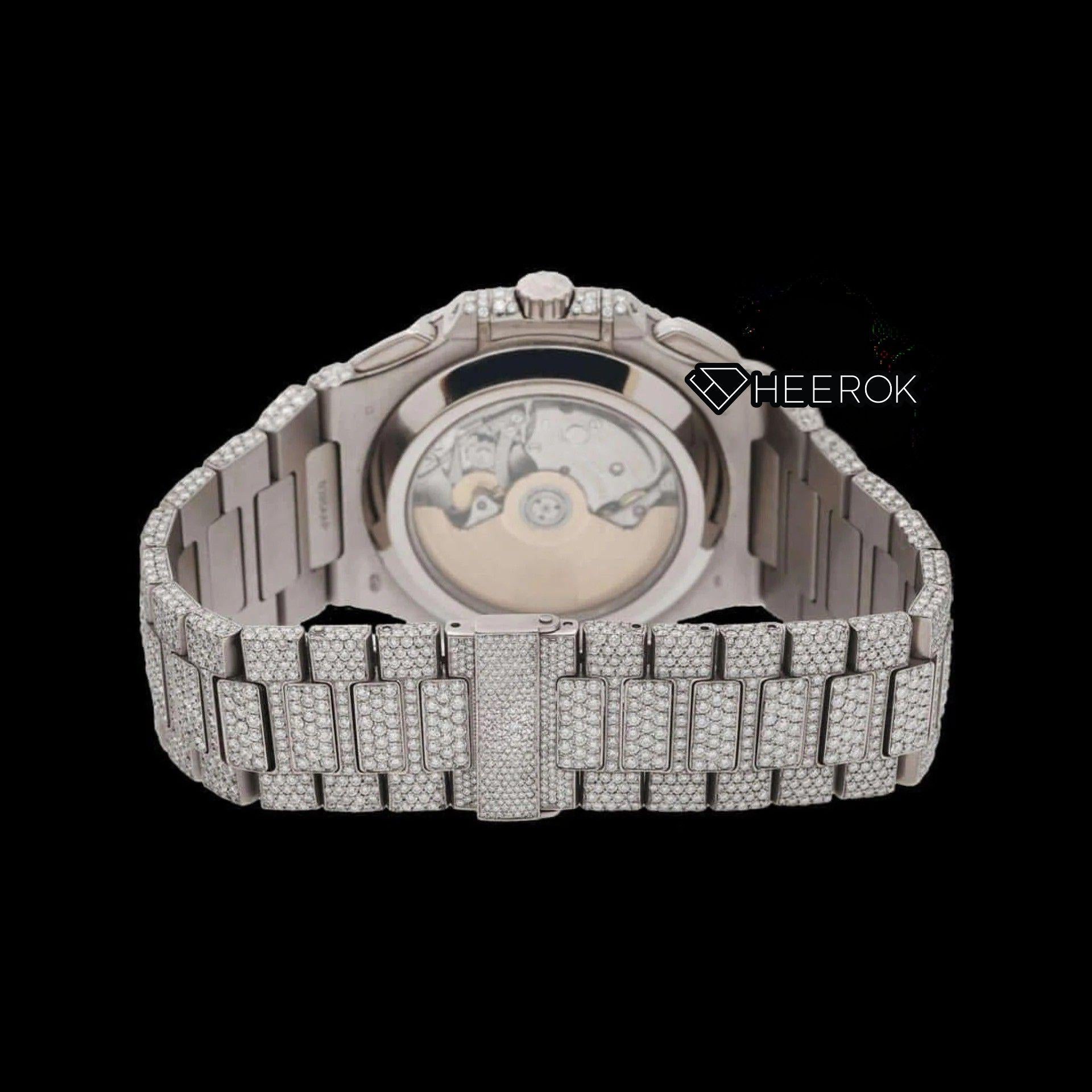 Patek Philippe Nautilus Blue Dial Chronograph Diamond Bezel Fully Iced Moissanite Diamond