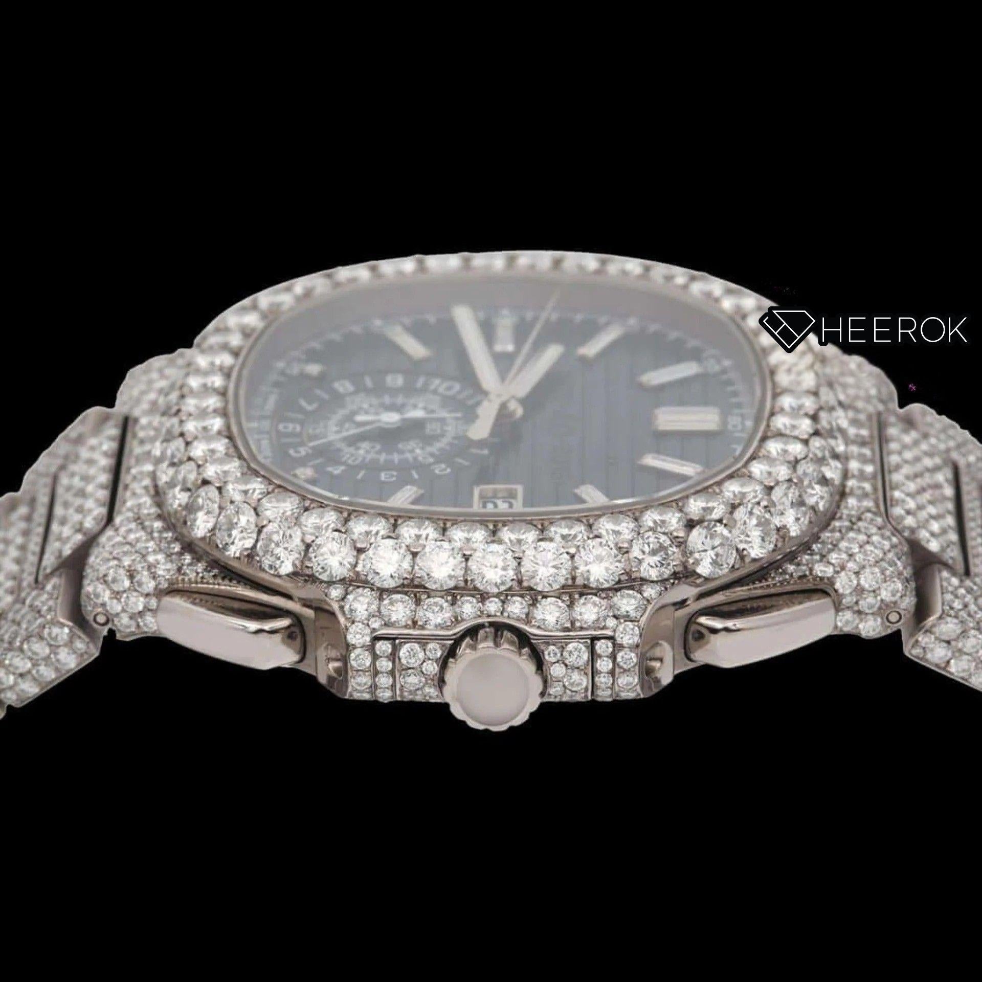 Patek Philippe Nautilus Blue Dial Chronograph Diamond Bezel Fully Iced Moissanite Diamond