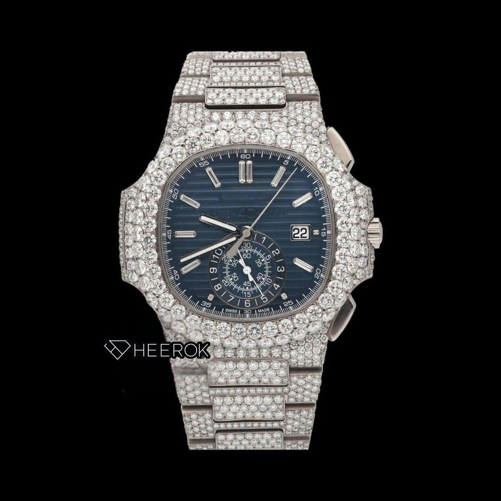 Patek Philippe Nautilus Blue Dial Chronograph Diamond Bezel Fully Iced Moissanite Diamond