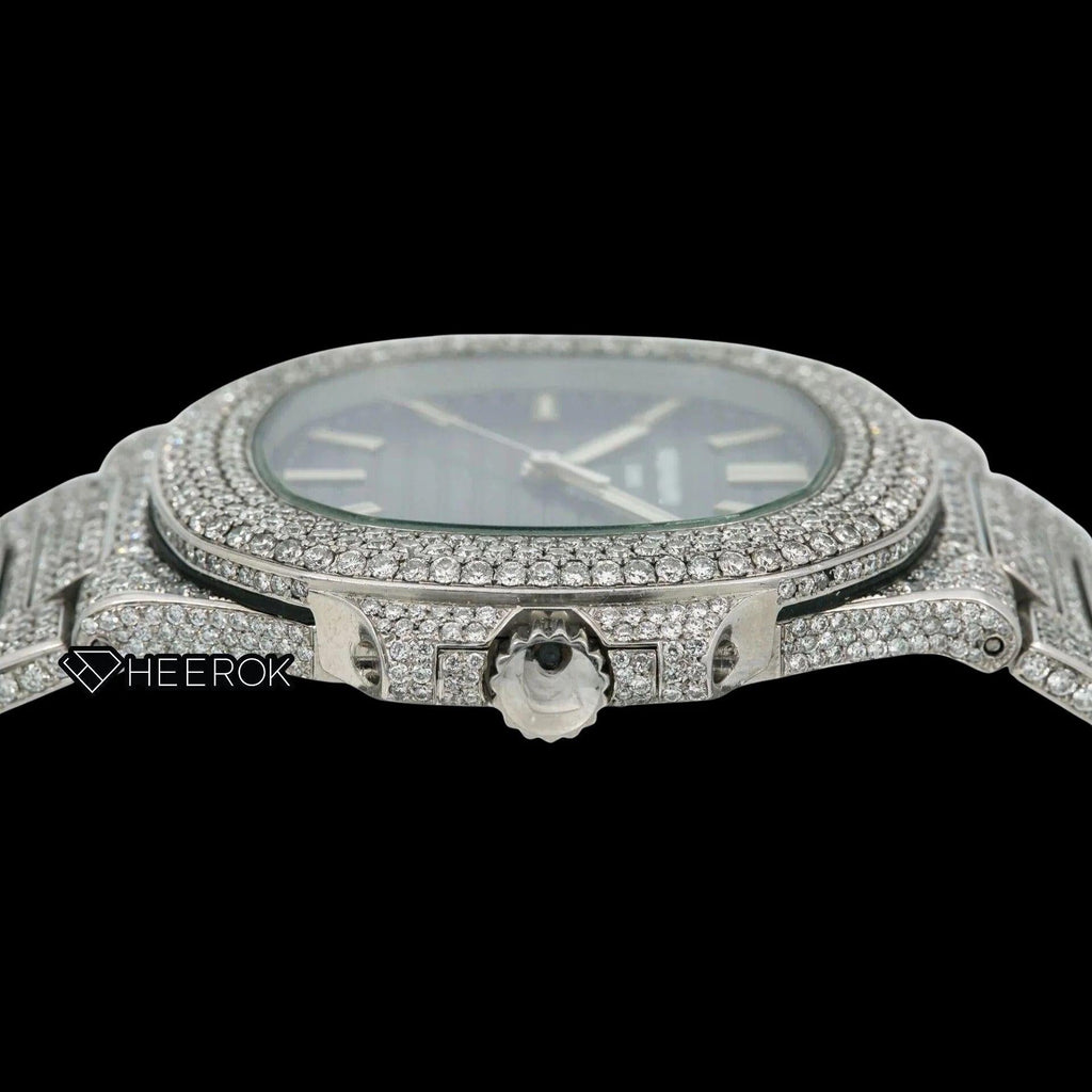 Patek Philippe Nautilus Blue Dial White Stick Markers Diamond Bezel Bust Down Moissanite Diamond