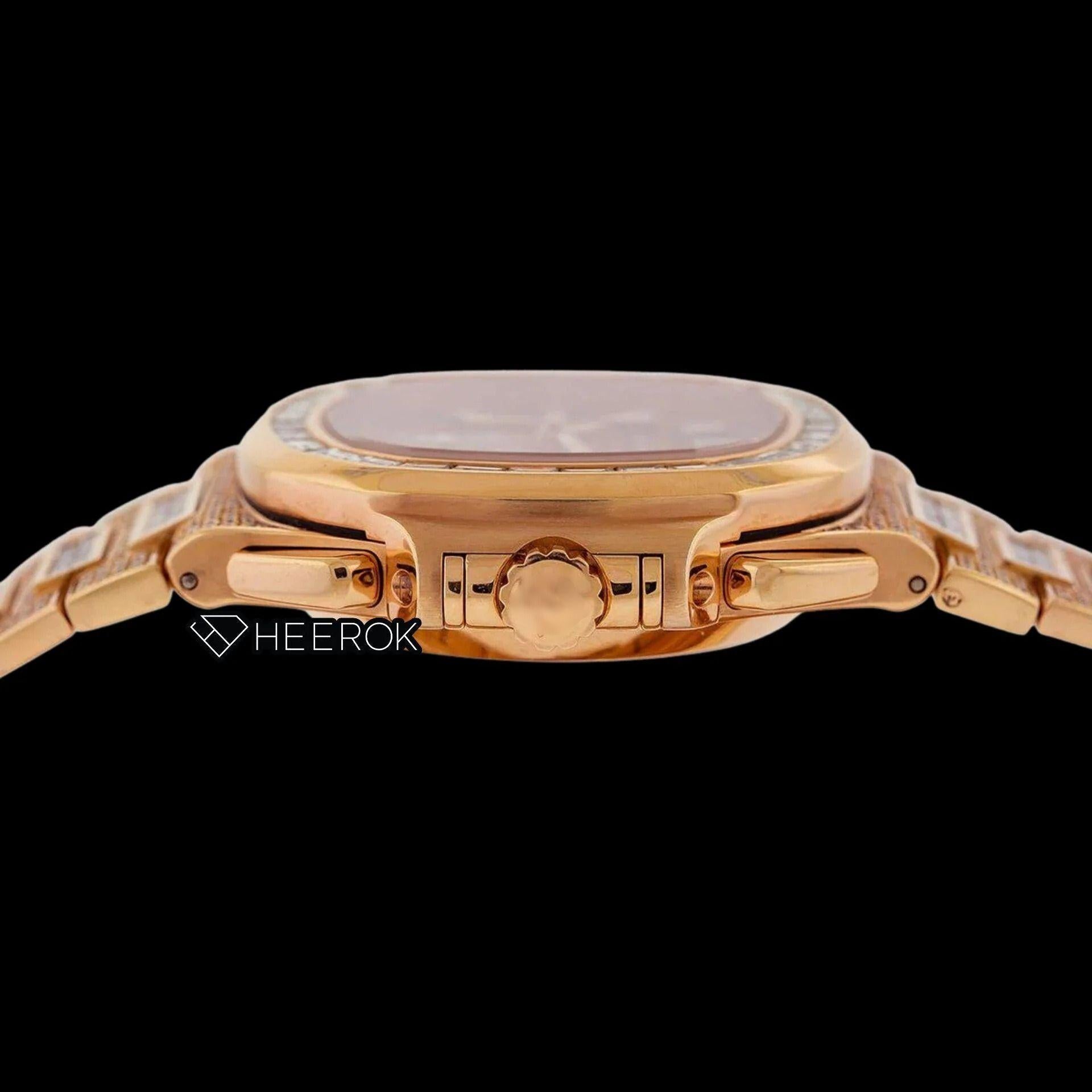 Patek Philippe Nautilus Brown Dial Baguette Diamond Markers Diamond Bezel Rose Gold Moissanite Diamond