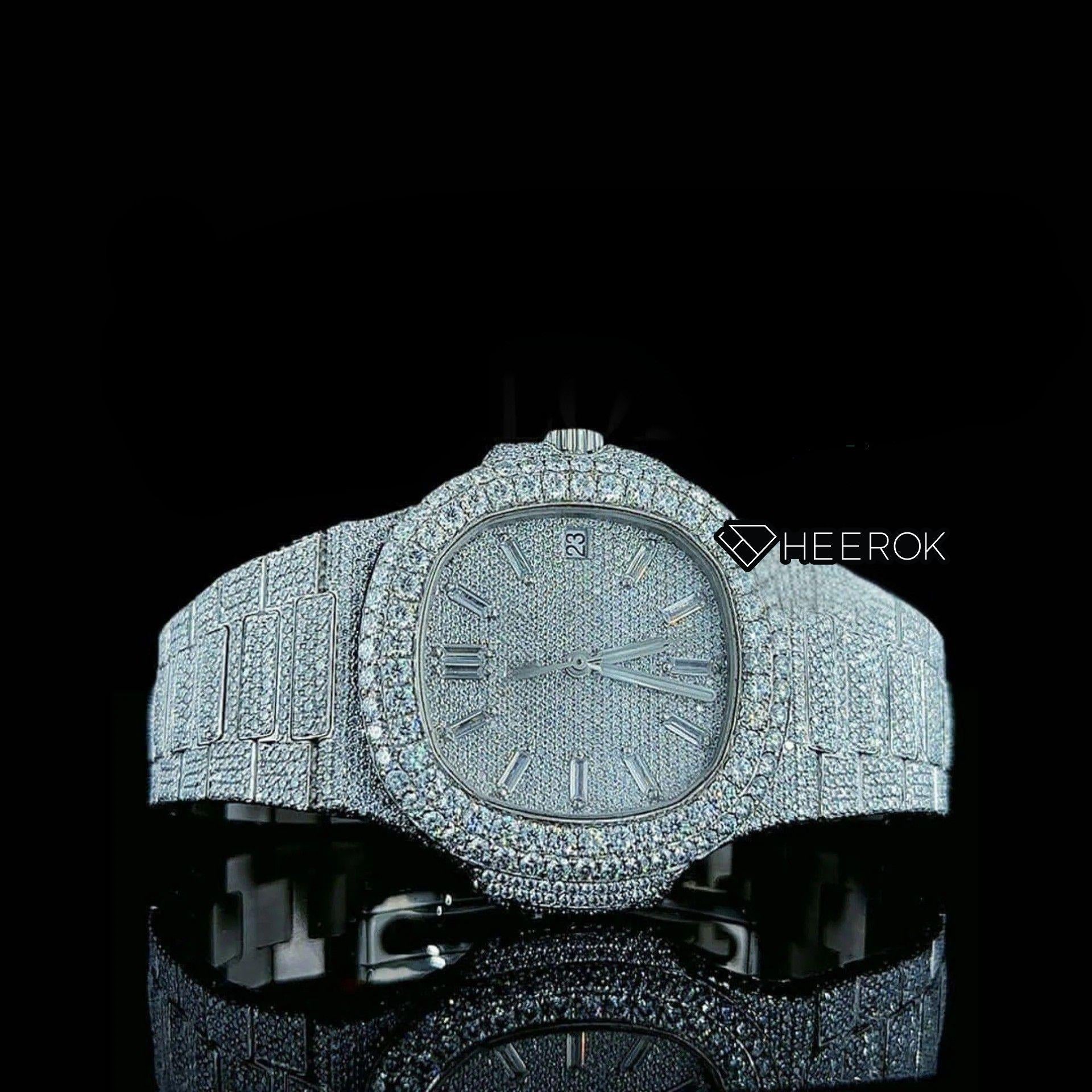 Patek Philippe Nautilus Full Pave Dial Baguette Diamond Hour Markers Diamond Bezel Fully Iced Moissanite Diamond