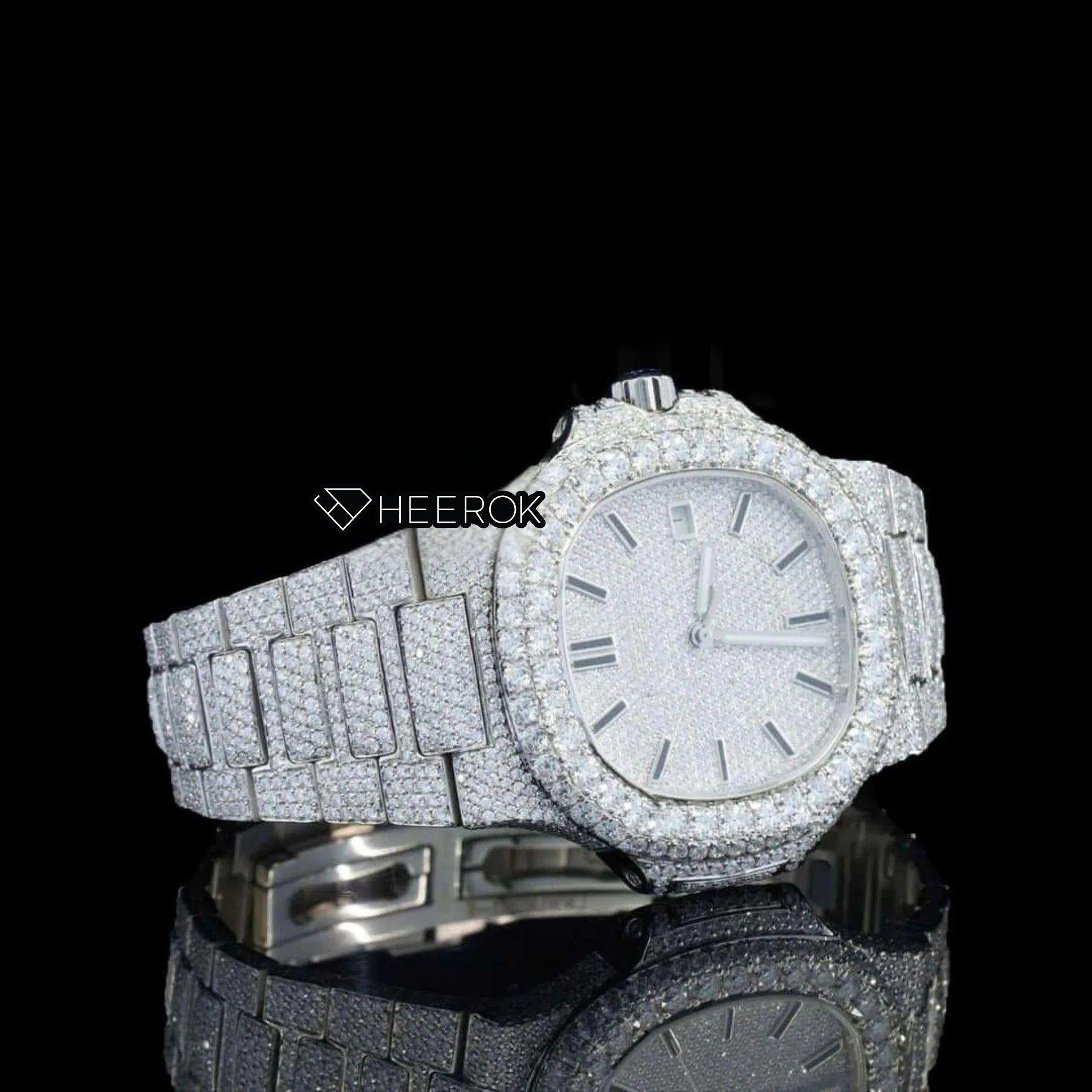 Patek Philippe Nautilus Full Pave Dial Stick Markers Diamond Bezel Fully Iced Moissanite Diamond