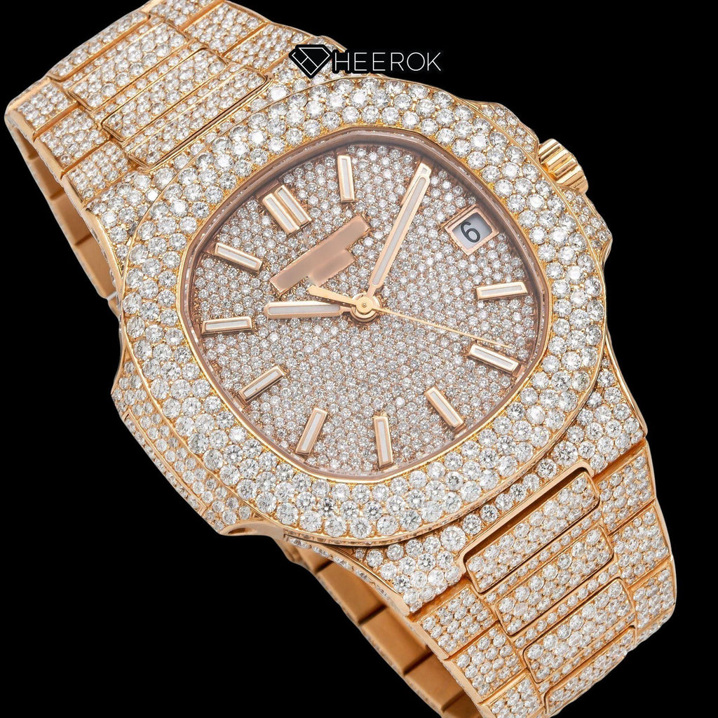 Patek Philippe Nautilus Rose Gold Full Pave Dial Stick Markers Diamond Bezel Fully Iced Moissanite Diamond