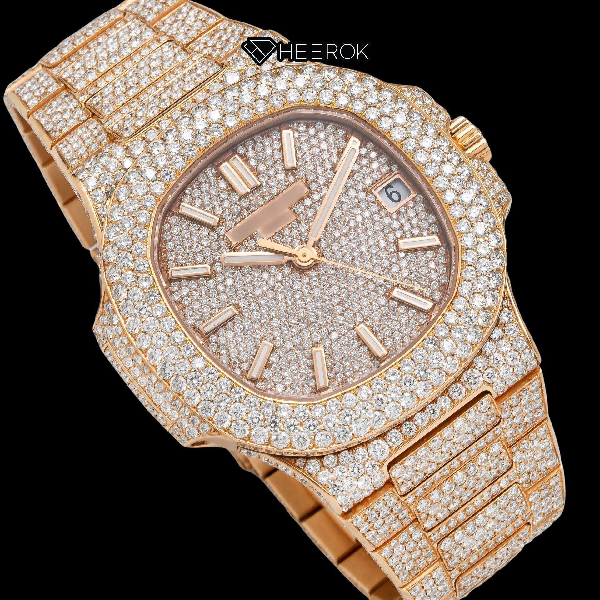 Patek Philippe Nautilus Rose Gold Full Pave Dial Stick Markers Diamond Bezel Fully Iced Moissanite Diamond