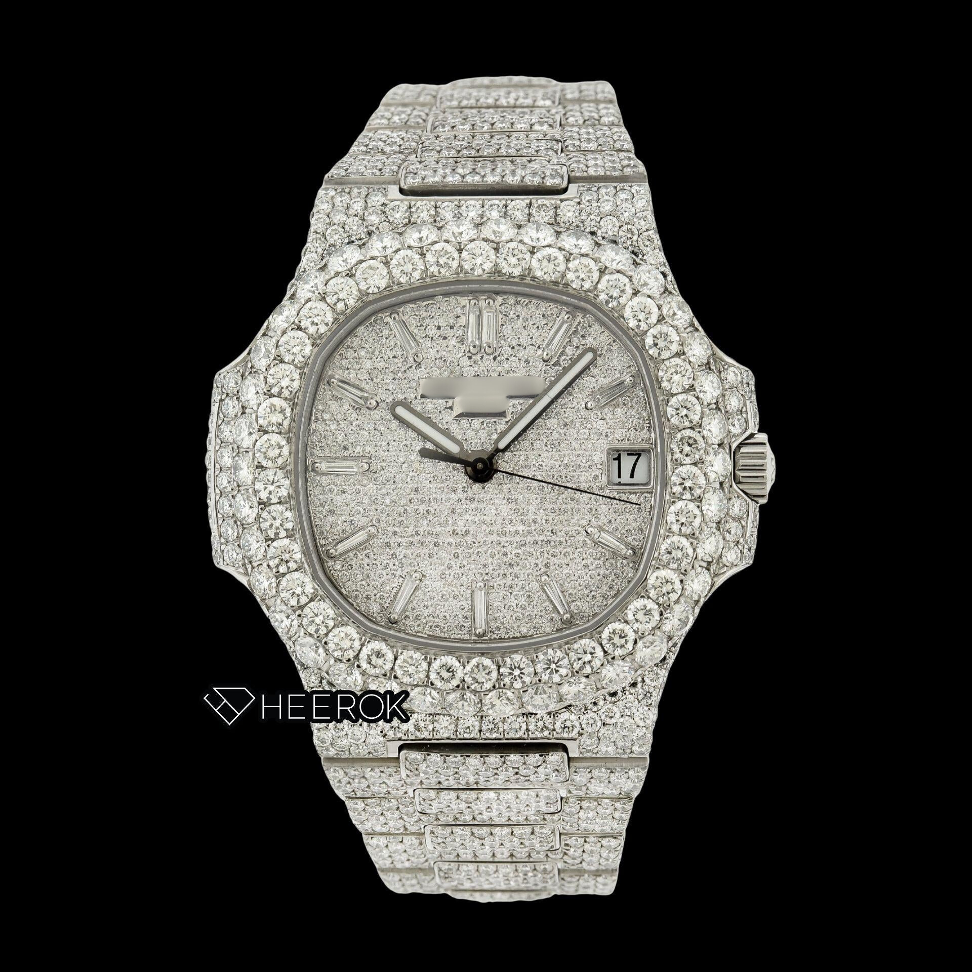 Patek Philippe Nautilus Full Pave White Dial Baguette Diamond Markers Diamond Bezel Fully Iced Moissanite Diamond Watch