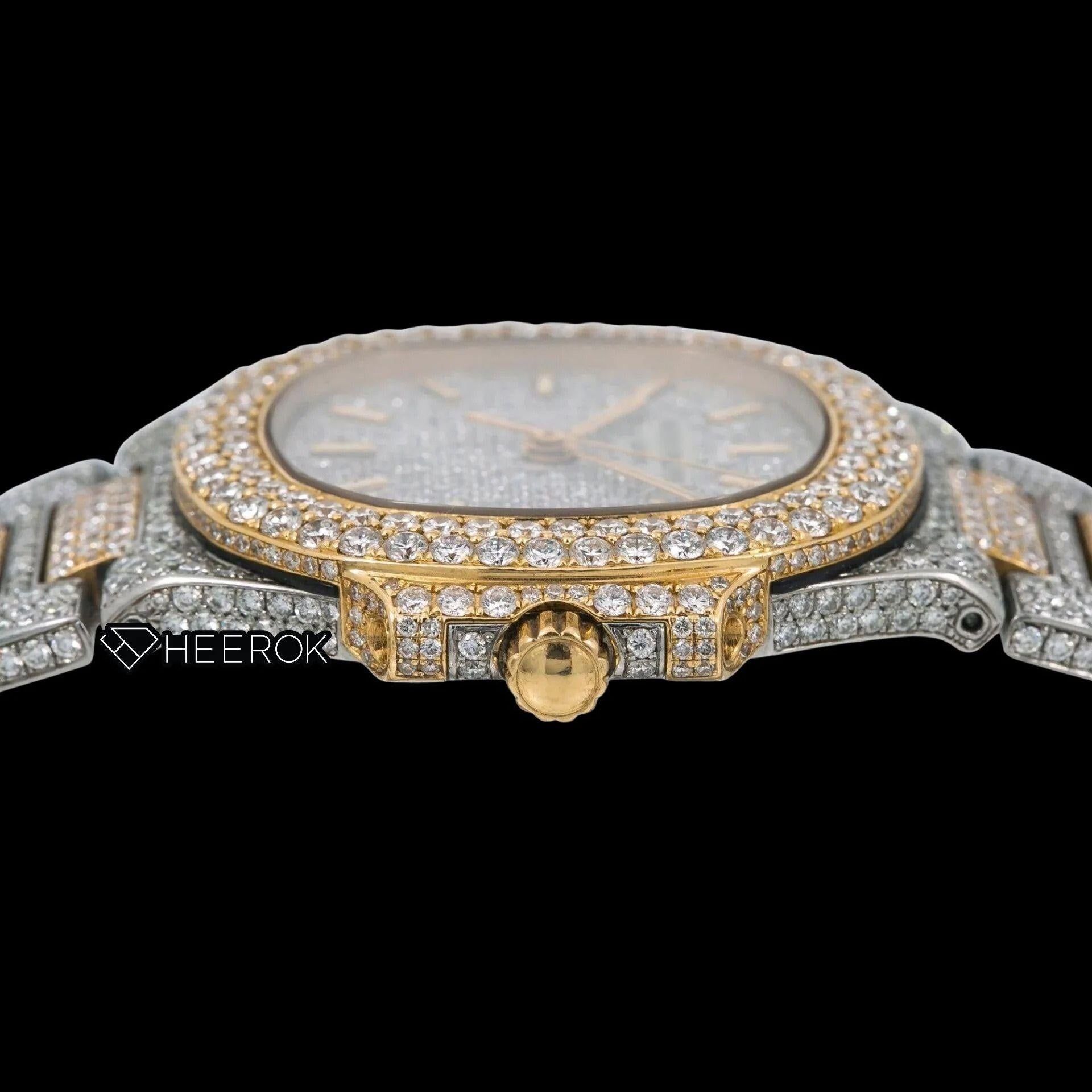 Patek Philippe Nautilus Full Pave White Dial Stick Markers Diamond Bezel Two Tone Yellow Gold Moissanite Diamond Watch
