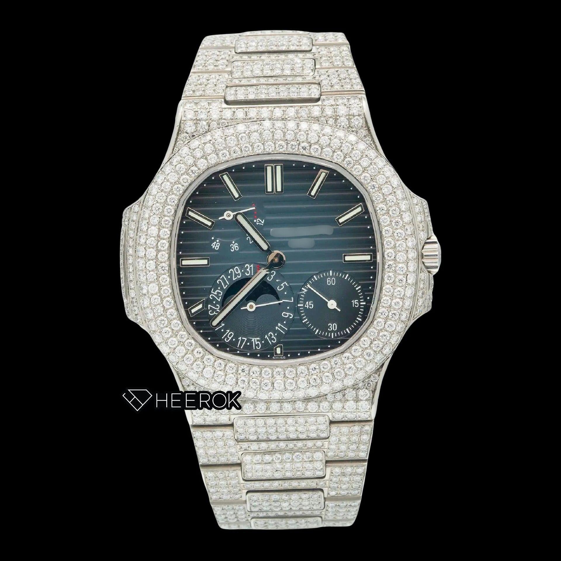 Patek Philippe Nautilus Moonphase Blue Dial Stick Markers Diamond Bezel Moissanite Diamond