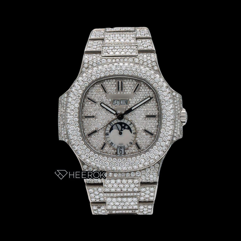 Patek Philippe Nautilus Moonphase White Dial Stick Markers Diamond Bezel Fully Iced Moissanite Diamond