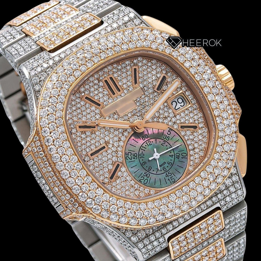 Patek Philippe Nautilus Rose Gold Dial Stick Markers Diamond Bezel Two Tone Rose Gold Moissanite Diamonds