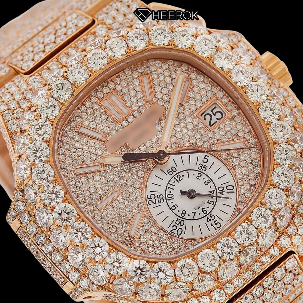 Patek Philippe Nautilus Rose Gold Full Pave Dial Large Round Diamond Bezel Fully Iced Moissanite Diamond