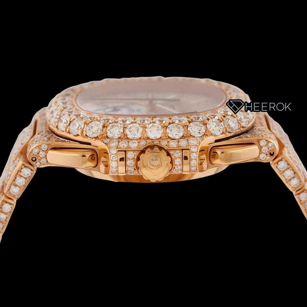 Patek Philippe Nautilus Rose Gold Full Pave Dial Large Round Diamond Bezel Fully Iced Moissanite Diamond