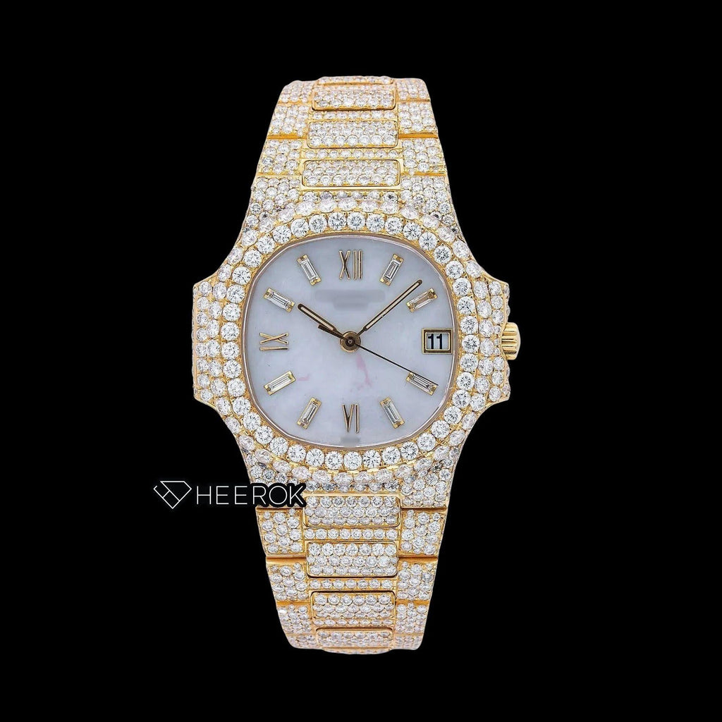 Patek Philippe Nautilus White Dial Baguette Diamond Markers Diamond Bezel Yellow Gold Moissanite Diamond Watch