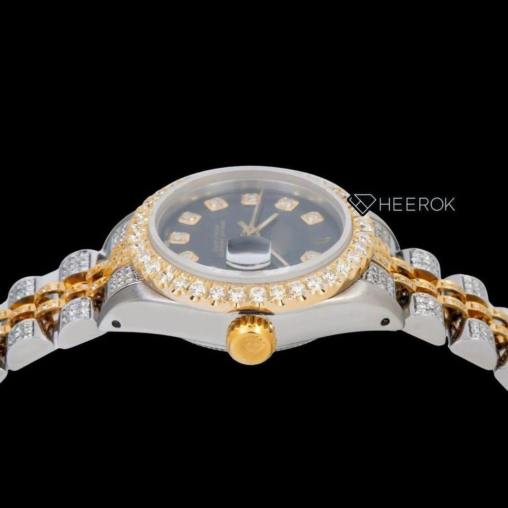 Rolex Datejust Black Dial Diamond Markers Large Diamond Bezel Two Tone Yellow Gold Moissanite Diamond Jubilee Bracelet For Women