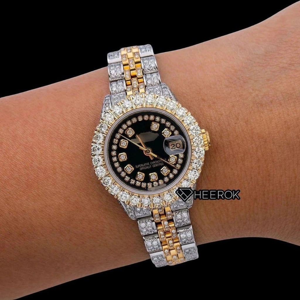 Rolex Datejust Black Dial Diamond Markers Large Round Diamond Bezel Two Tone Yellow Gold Moissanite Diamond Jubilee Bracelet For Women