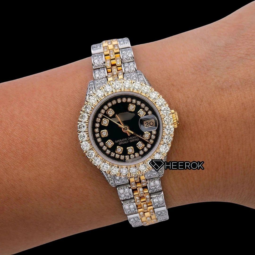 Rolex Datejust Black Dial Diamond Markers Large Round Diamond Bezel Two Tone Yellow Gold Moissanite Diamond Jubilee Bracelet For Women