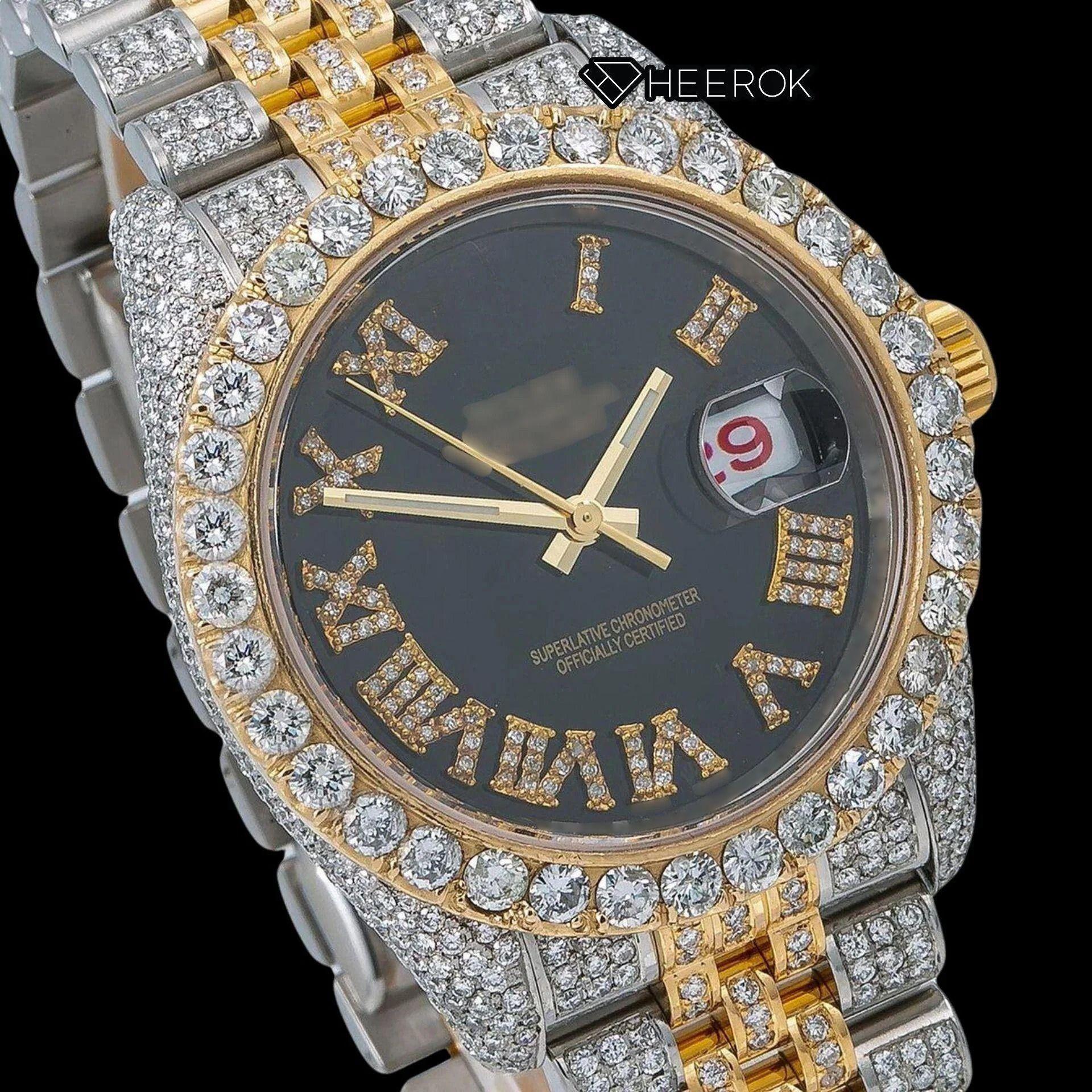 Rolex Datejust Black Dial Roman Diamond Numerals Diamond Bezel Two Tone Yellow Gold Iced Out Moissanite Diamond Jubilee Bracelet For Women