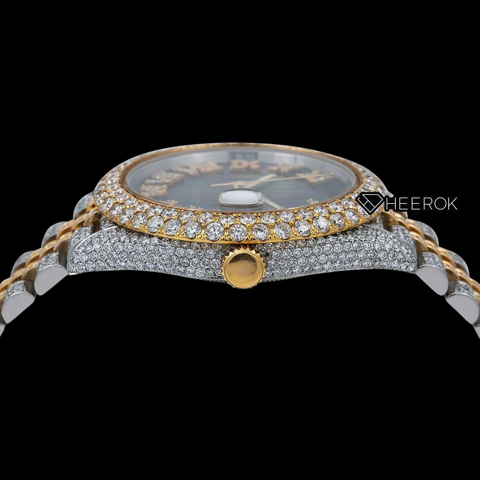 Rolex Datejust Black Dial Roman Numerals Diamond Bezel Two Tone Yellow Gold Moissanite Diamond Jubilee Bracelet Watch