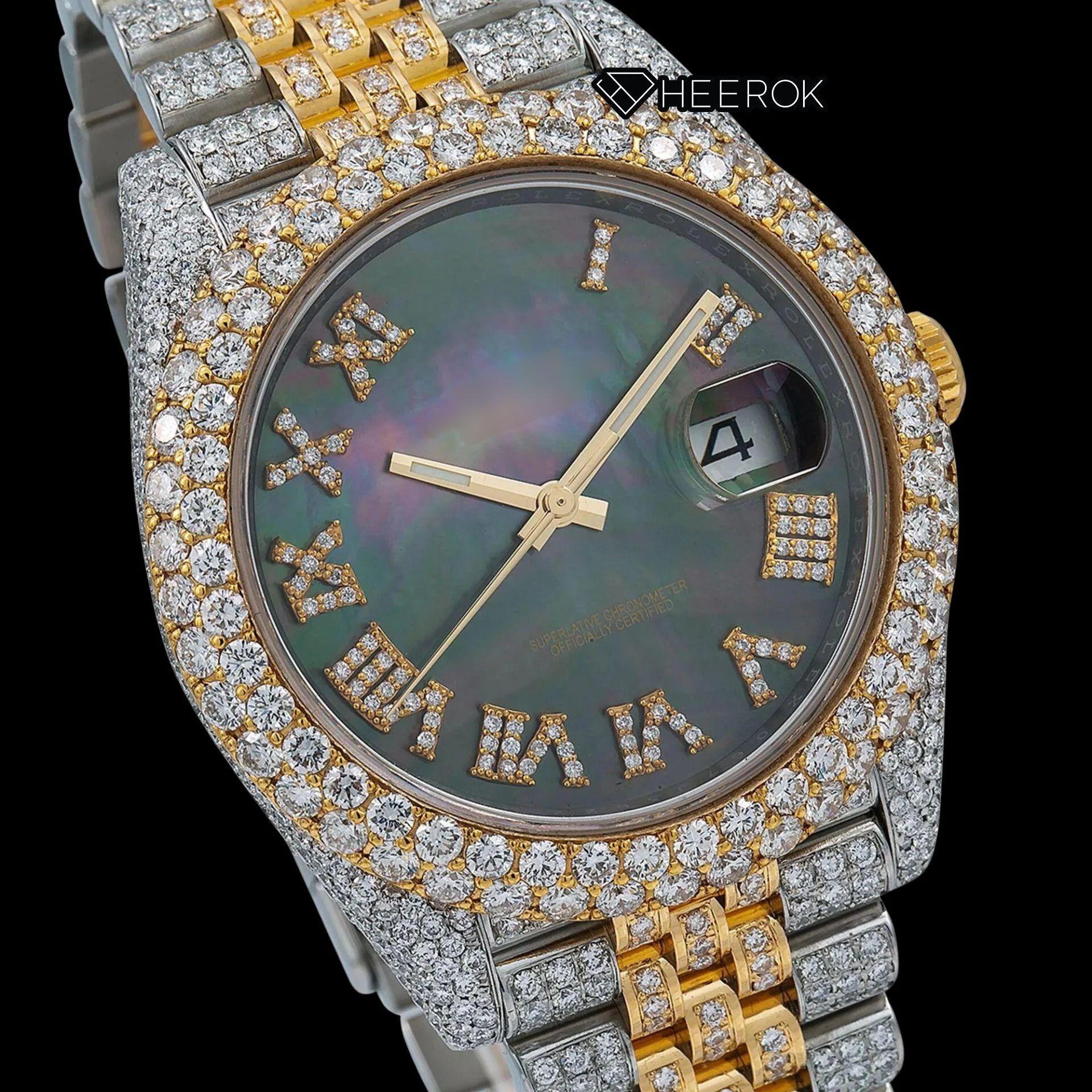 Rolex Datejust Black Dial Roman Numerals Diamond Bezel Two Tone Yellow Gold Moissanite Diamond Jubilee Bracelet Watch