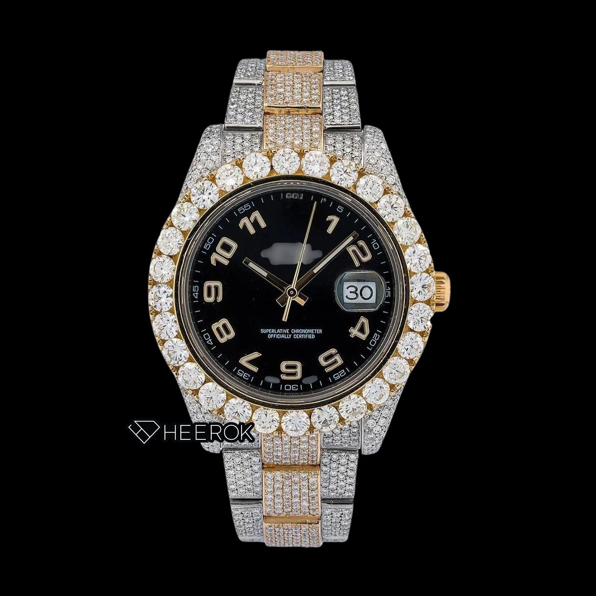 Rolex Datejust Black Dial Standard Numerals Large Round Diamond Bezel Two Tone Yellow Gold Fully Iced Moissanite Diamond Oyster Bracelet Watch