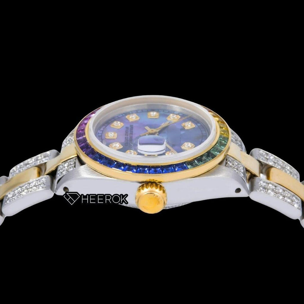 Rolex Datejust Blue Dial Diamond Markers Rainbow Diamond Bezel Two Tone Yellow Gold Moissanite Diamond Oyster Bracelet For Women