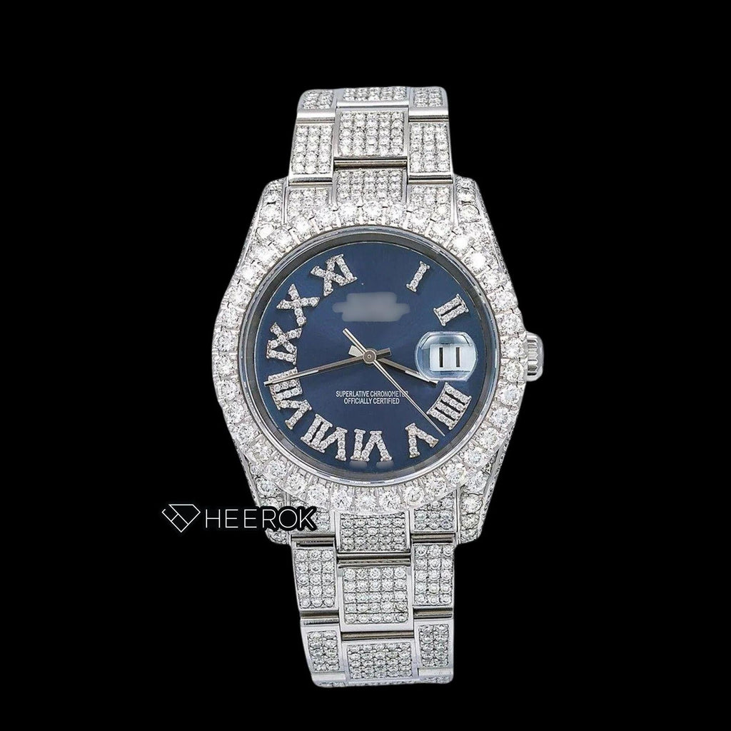 Rolex Datejust Blue Dial Roman Diamond Numerals Diamond Bezel Fully Iced Moissanite Diamond Oyster Bracelet For Women