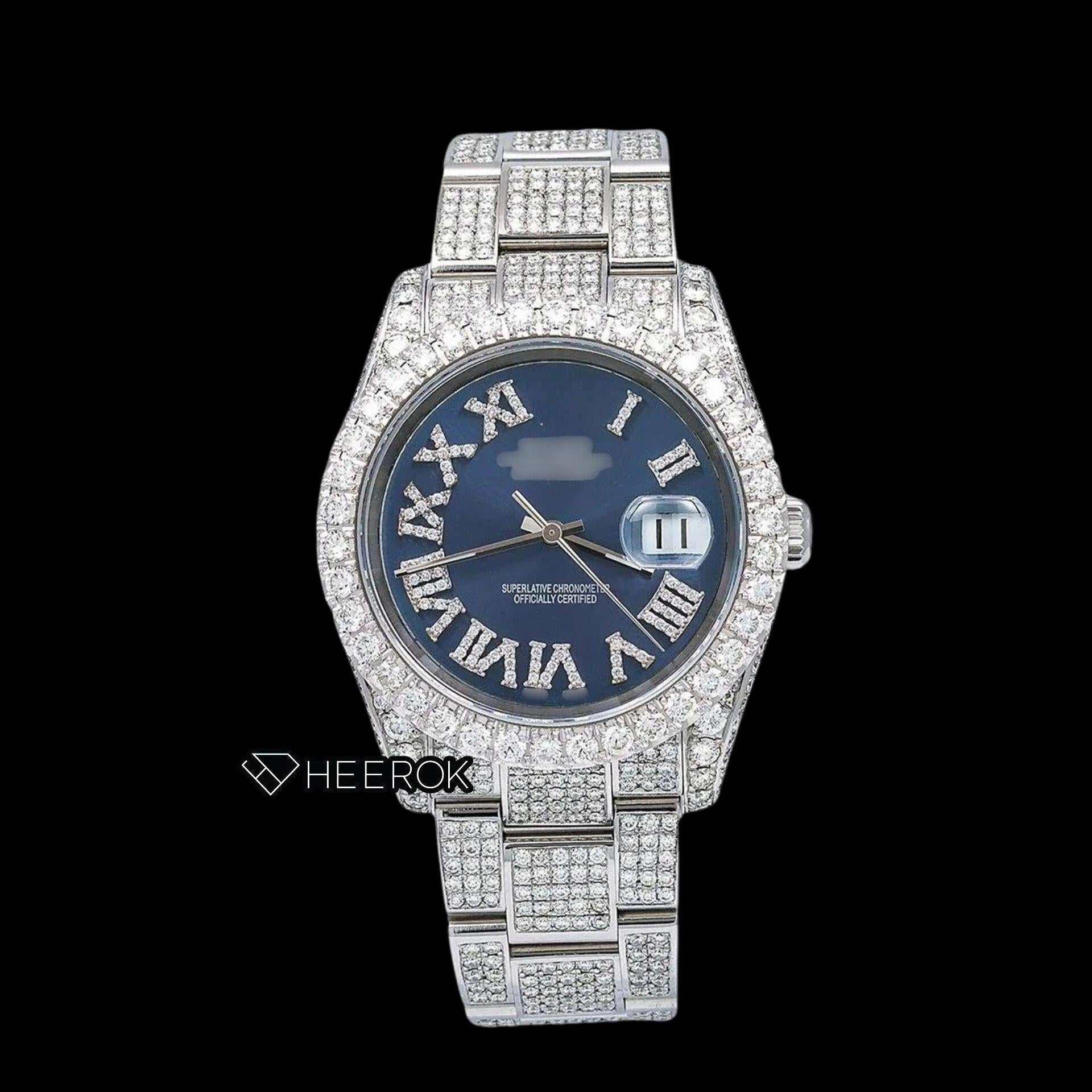 Rolex Datejust Blue Dial Roman Diamond Numerals Diamond Bezel Fully Iced Moissanite Diamond Oyster Bracelet For Women