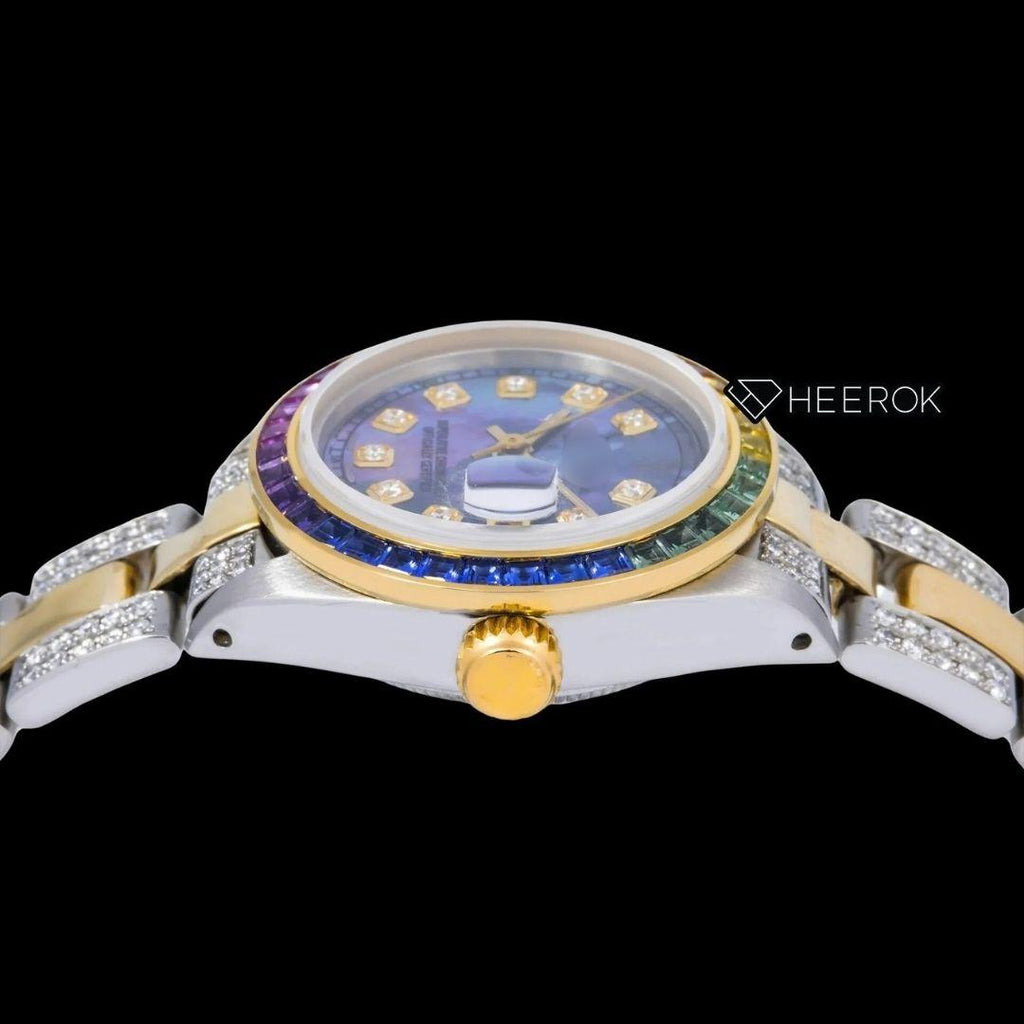 Rolex Datejust Blue Mother of Pearl Dial Diamond Markers Rainbow Diamond Bezel Two Tone Yellow Gold Moissanite Diamond Oyster Bracelet For Women