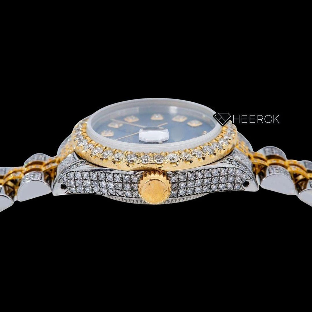 Rolex Datejust Diamond Markers Blue Dial Large Diamond Bezel Two Tone Yellow Gold Moissanite Diamond Jubilee Bracelet For Women