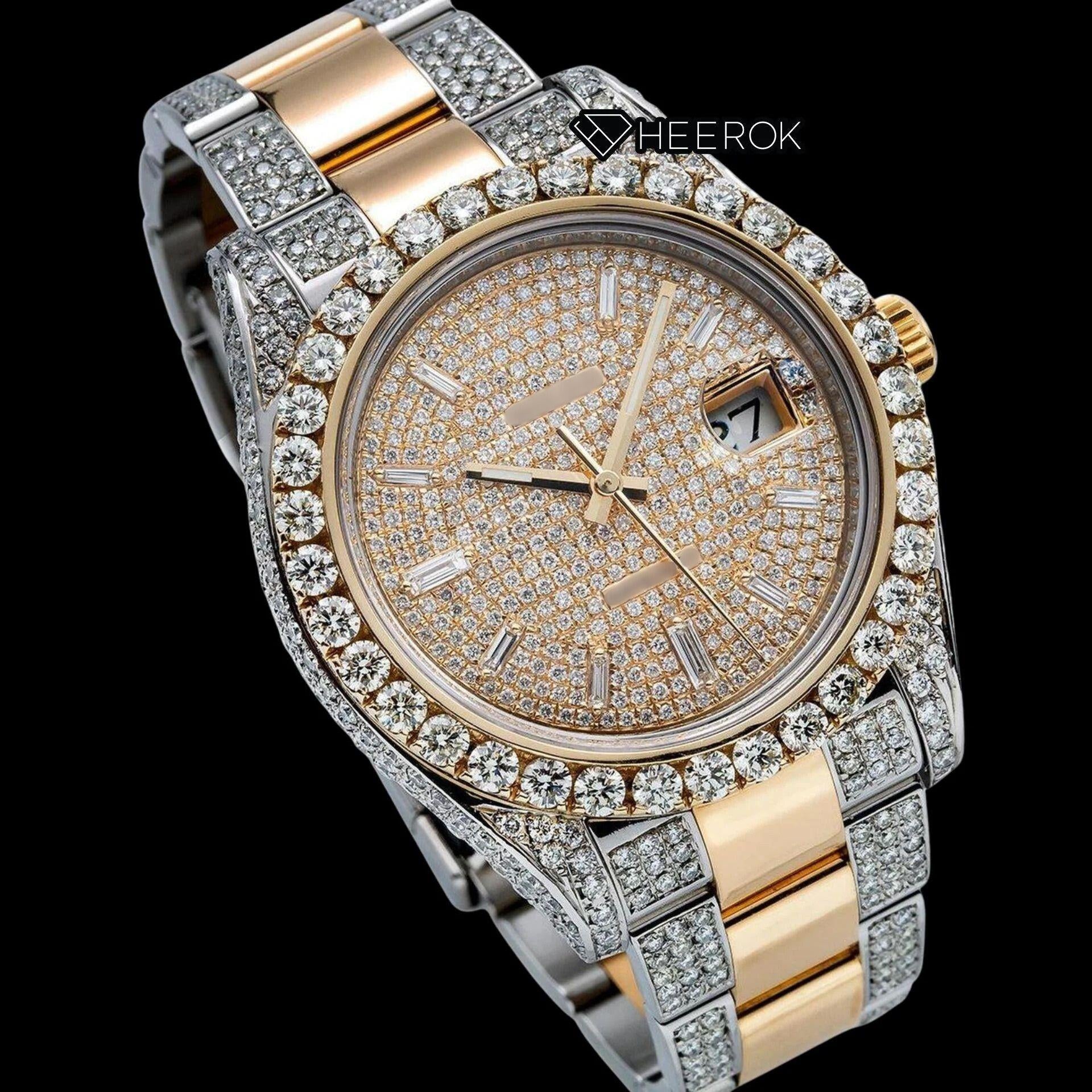 Rolex Datejust Diamond Paved Dial Baguette Diamond Markers Diamond Bezel Two Tone Yellow Gold Moissanite Diamond Oyster Bracelet Watch
