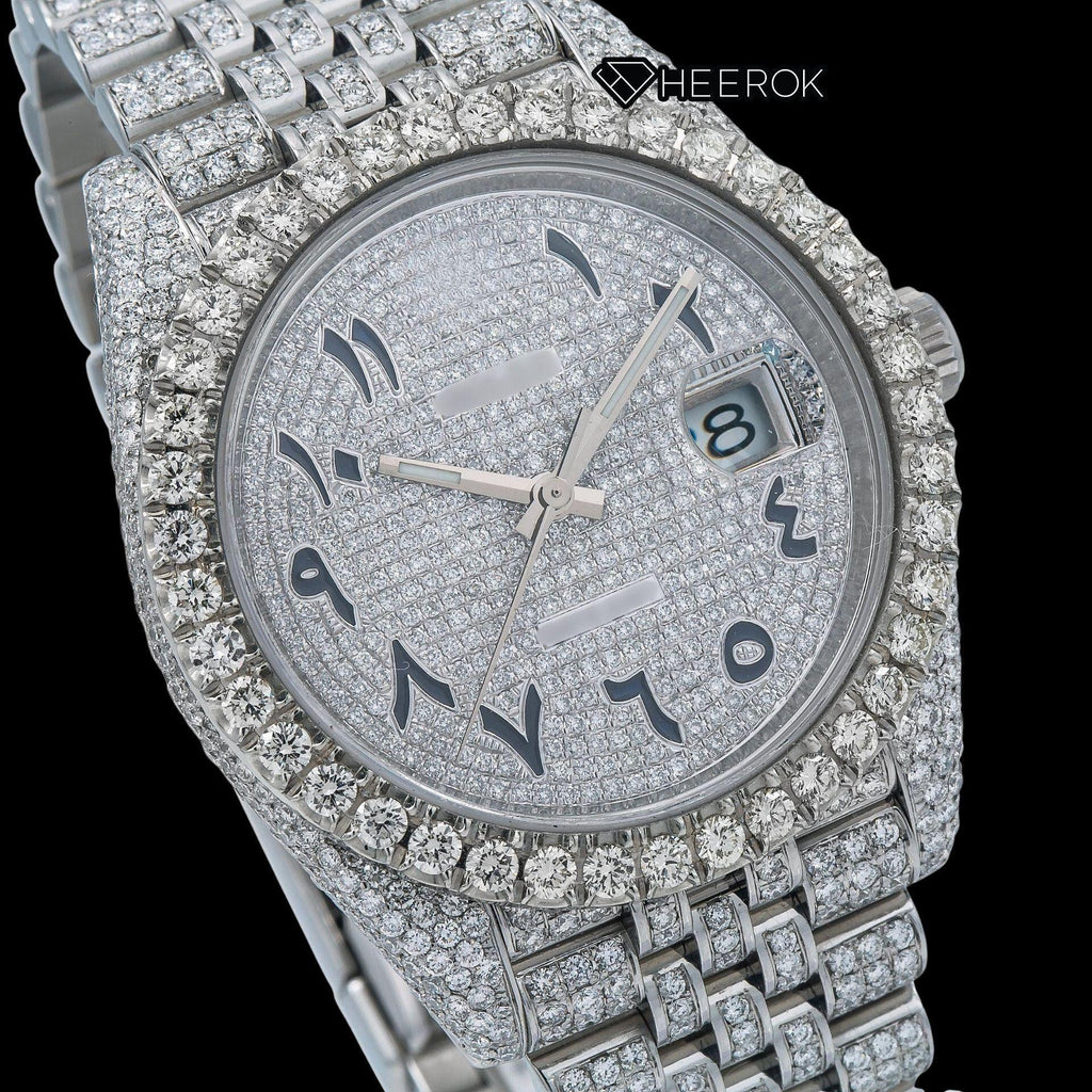 Rolex Datejust Diamond Paved Dial Black Arabic Numerals Diamond Bezel Fully Iced Moissanite Diamond Jubilee Bracelet