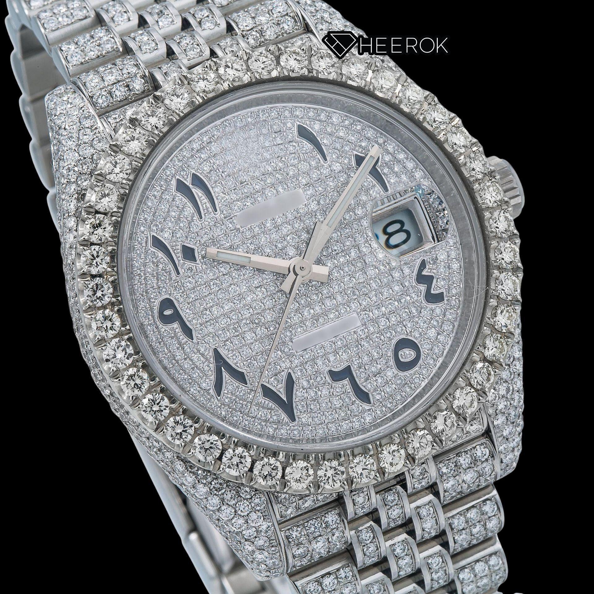 Rolex Datejust Diamond Paved Dial Black Arabic Numerals Diamond Bezel Fully Iced Moissanite Diamond Jubilee Bracelet