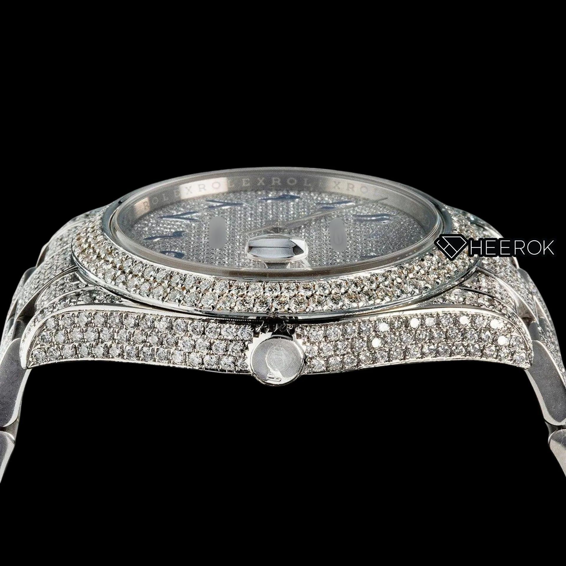 Rolex Datejust Diamond Paved Dial Blue Arabic Numerals Diamond Bezel Bust Down Moissanite Diamond Oyster Bracelet Watch