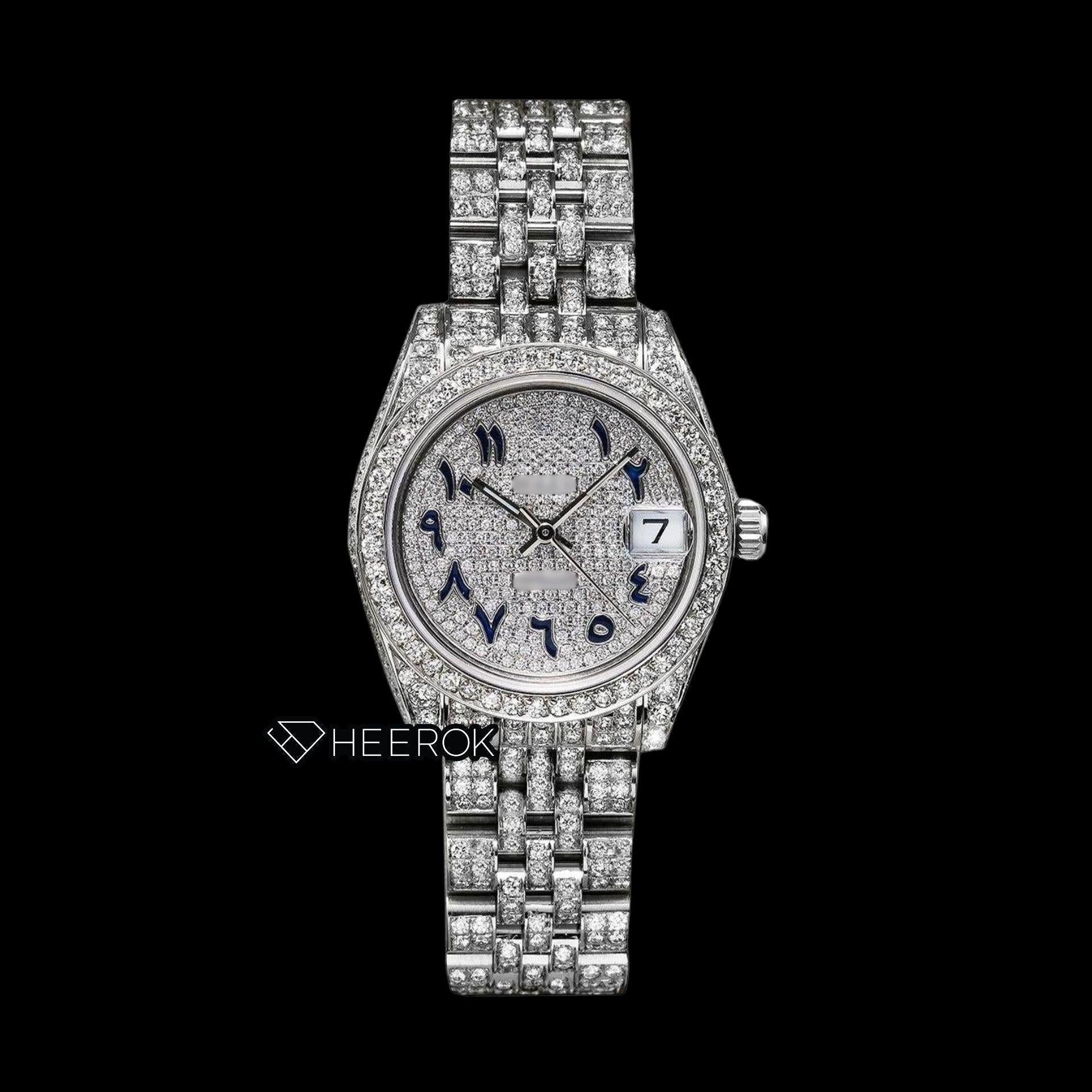 Rolex Datejust Diamond Paved Dial Blue Arabic Numerals Diamond Bezel Fully Iced Moissanite Diamond Jubilee Bracelet For Women